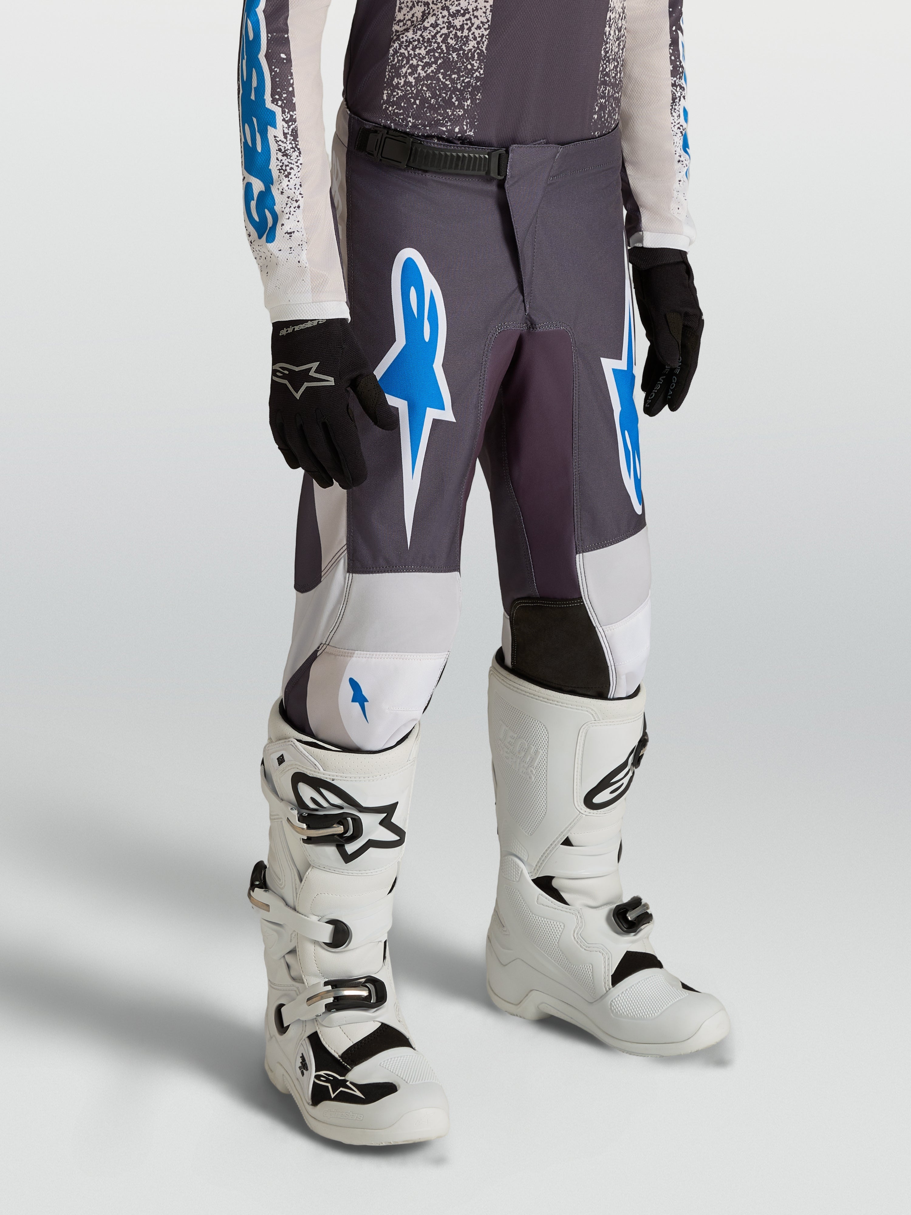 Alpinestars Fluid Drag Młodzieżowe, spodnie motocrossowe off-road, szare i niebieskie, wytrzymały poliester 600D