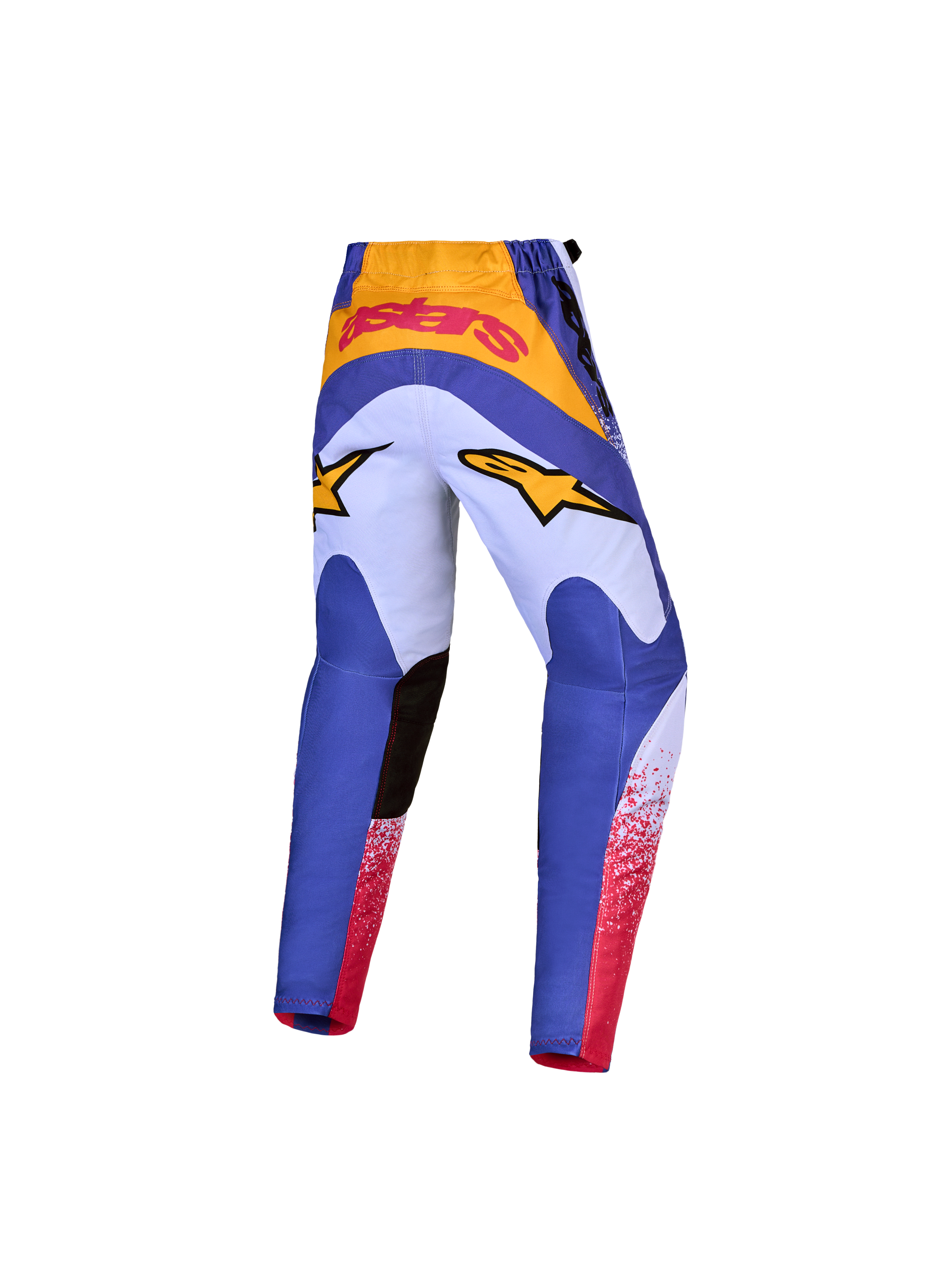 Alpinestars 2027 Youth Fluid Drag Pants, blue and gold motocross pants with pre-curved ergonomic fit for young riders.