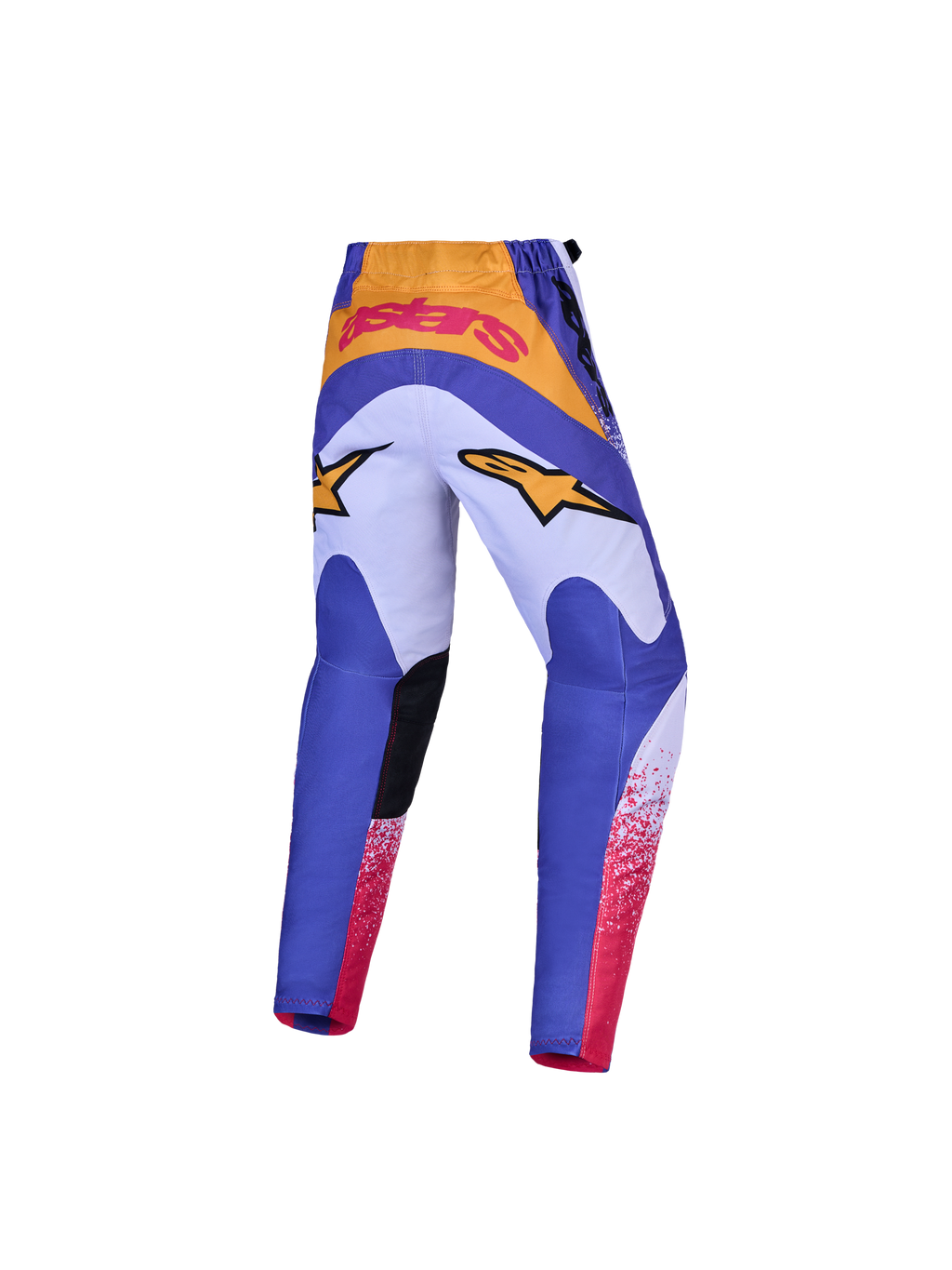 Alpinestars Spodnie Fluid Drag Młodzieżowe i Zestaw Gear Set, niebieskie i fioletowe spodnie motocrossowe ze złotymi akcentami oraz wzmocnione siedzisko.