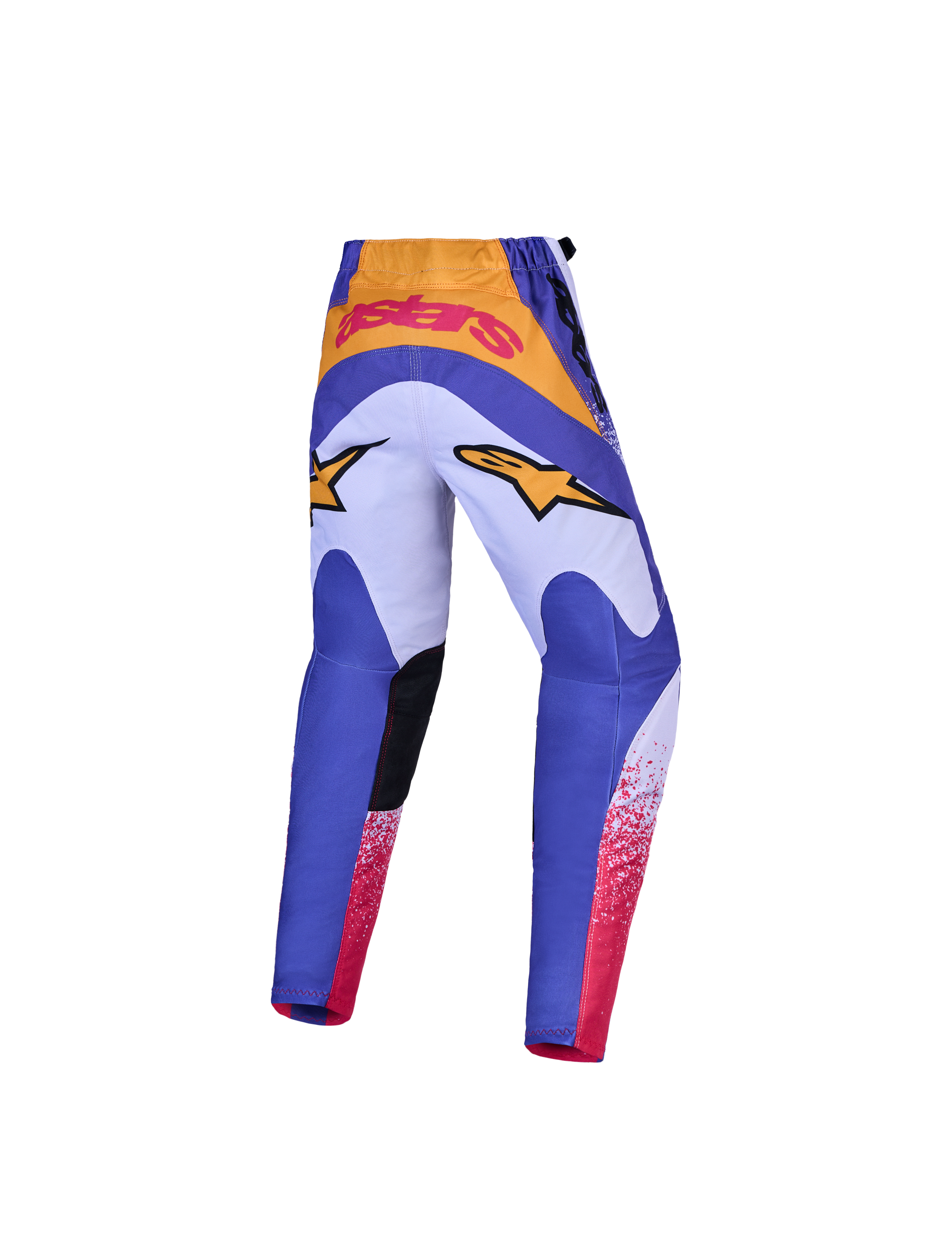 Alpinestars Spodnie Fluid Drag Młodzieżowe i Zestaw Gear Set, niebieskie i fioletowe spodnie motocrossowe ze złotymi akcentami oraz wzmocnione siedzisko.
