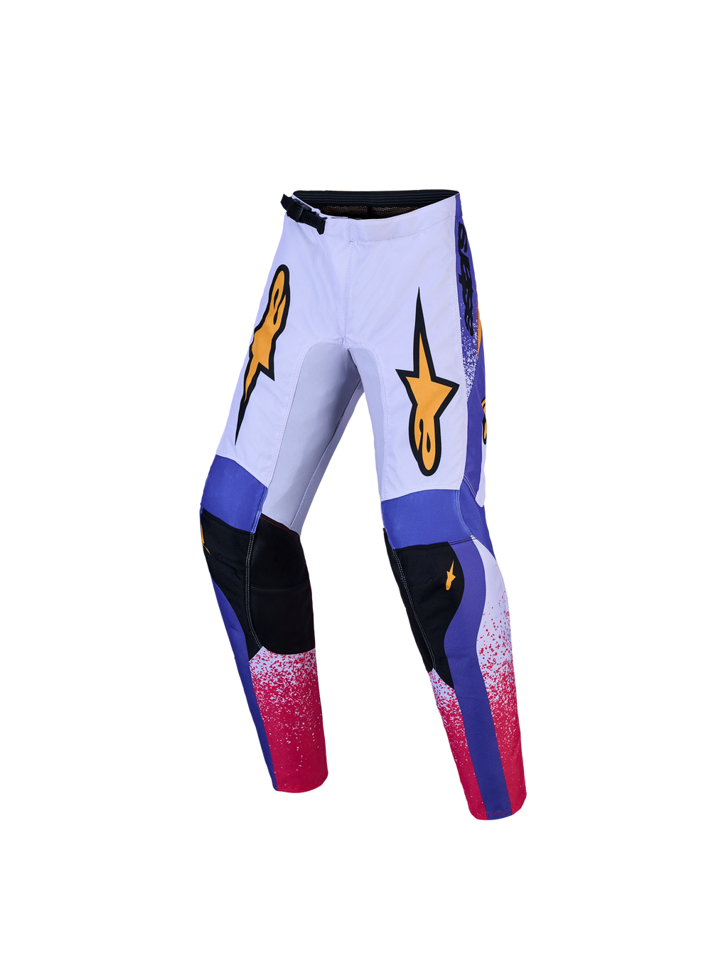 Alpinestars 2027 Youth Fluid Drag Pants, blue and lilac youth MX gear with gold star graphics and synthetic leather knees.