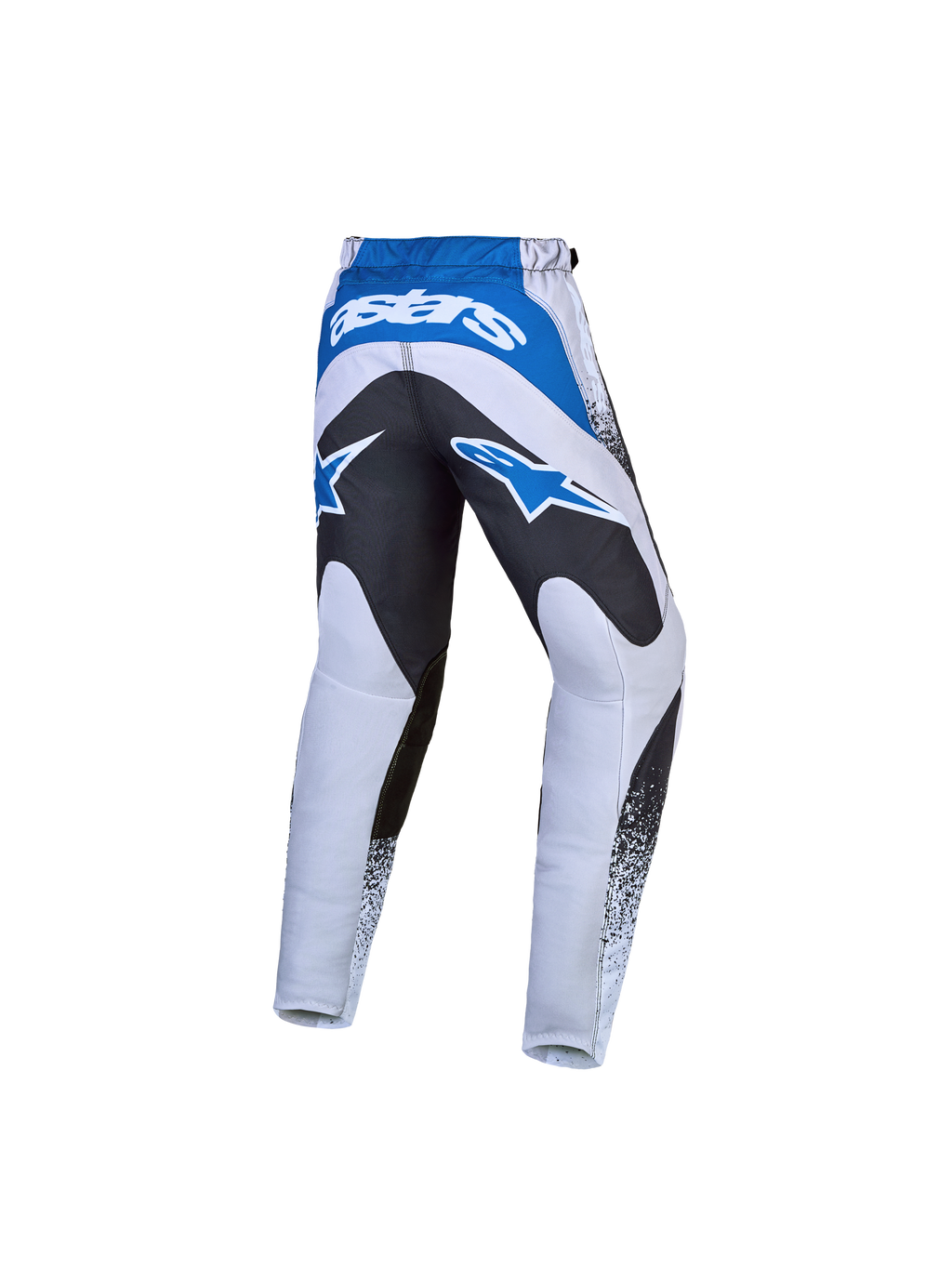 Alpinestars spodnie Fluid Drag młodzieżowe, spodnie motocyklowe do motocrossu, szare i niebieskie, czarne wzmocnienie na siedzeniu, wyraziste logotypy Astars, lekka i trwała konstrukcja