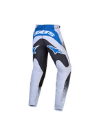 Alpinestars spodnie Fluid Drag młodzieżowe, spodnie motocyklowe do motocrossu, szare i niebieskie, czarne wzmocnienie na siedzeniu, wyraziste logotypy Astars, lekka i trwała konstrukcja