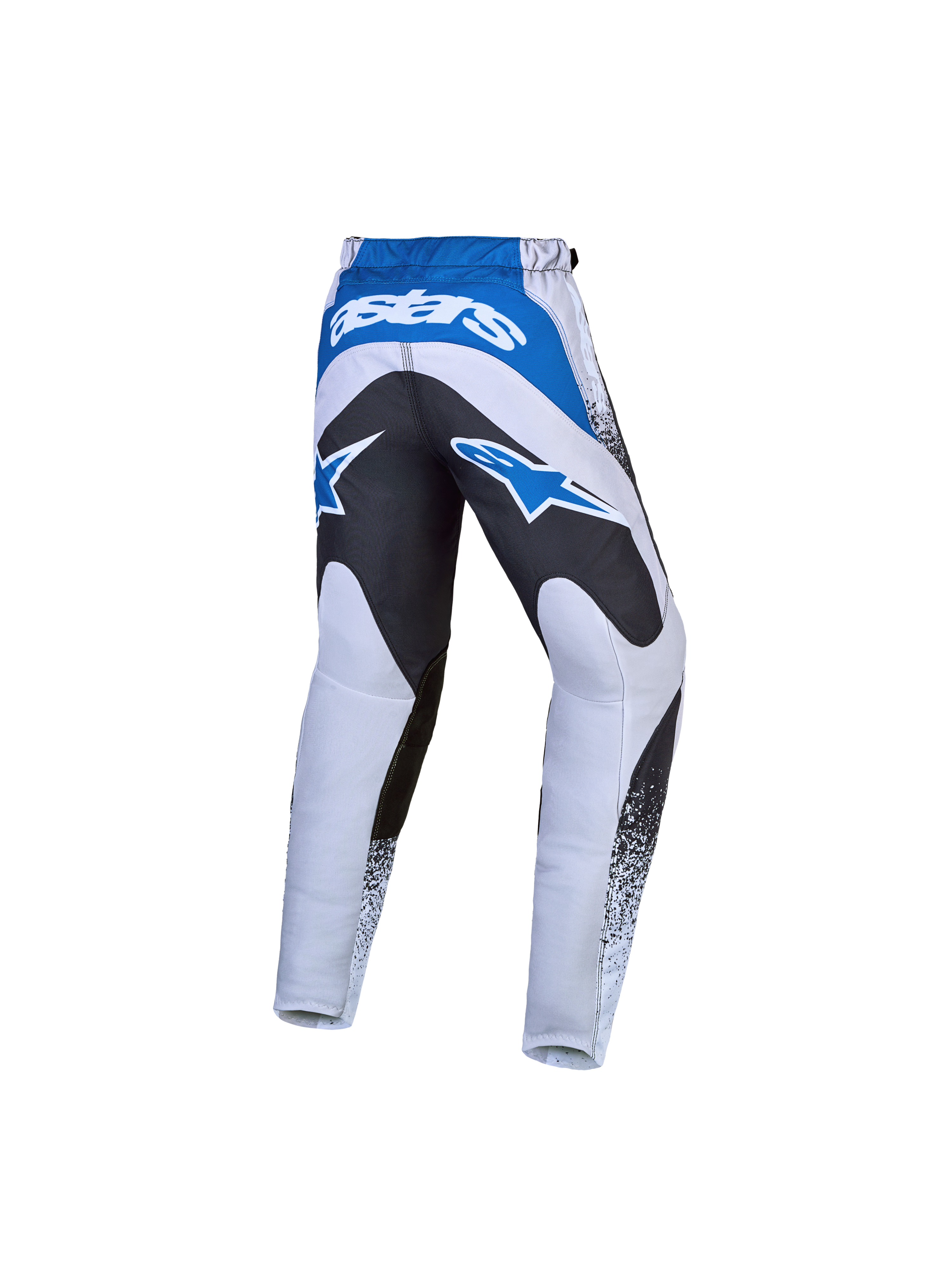 Alpinestars spodnie Fluid Drag młodzieżowe, spodnie motocyklowe do motocrossu, szare i niebieskie, czarne wzmocnienie na siedzeniu, wyraziste logotypy Astars, lekka i trwała konstrukcja