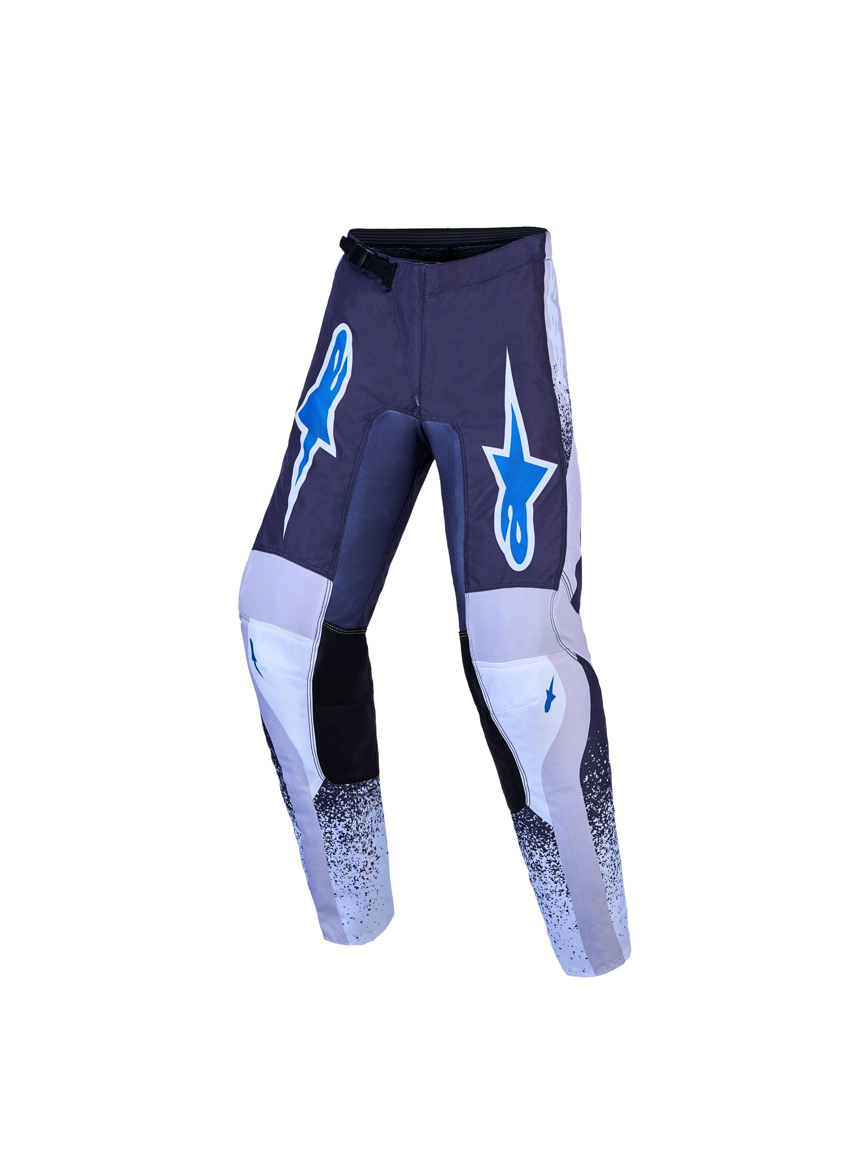 Alpinestars Youth Fluid Drag Pants, Motocross Racing Pants, Gray, Light Lilac, and Blue, durable textile construction with pre-curved legs and ergonomic fit.