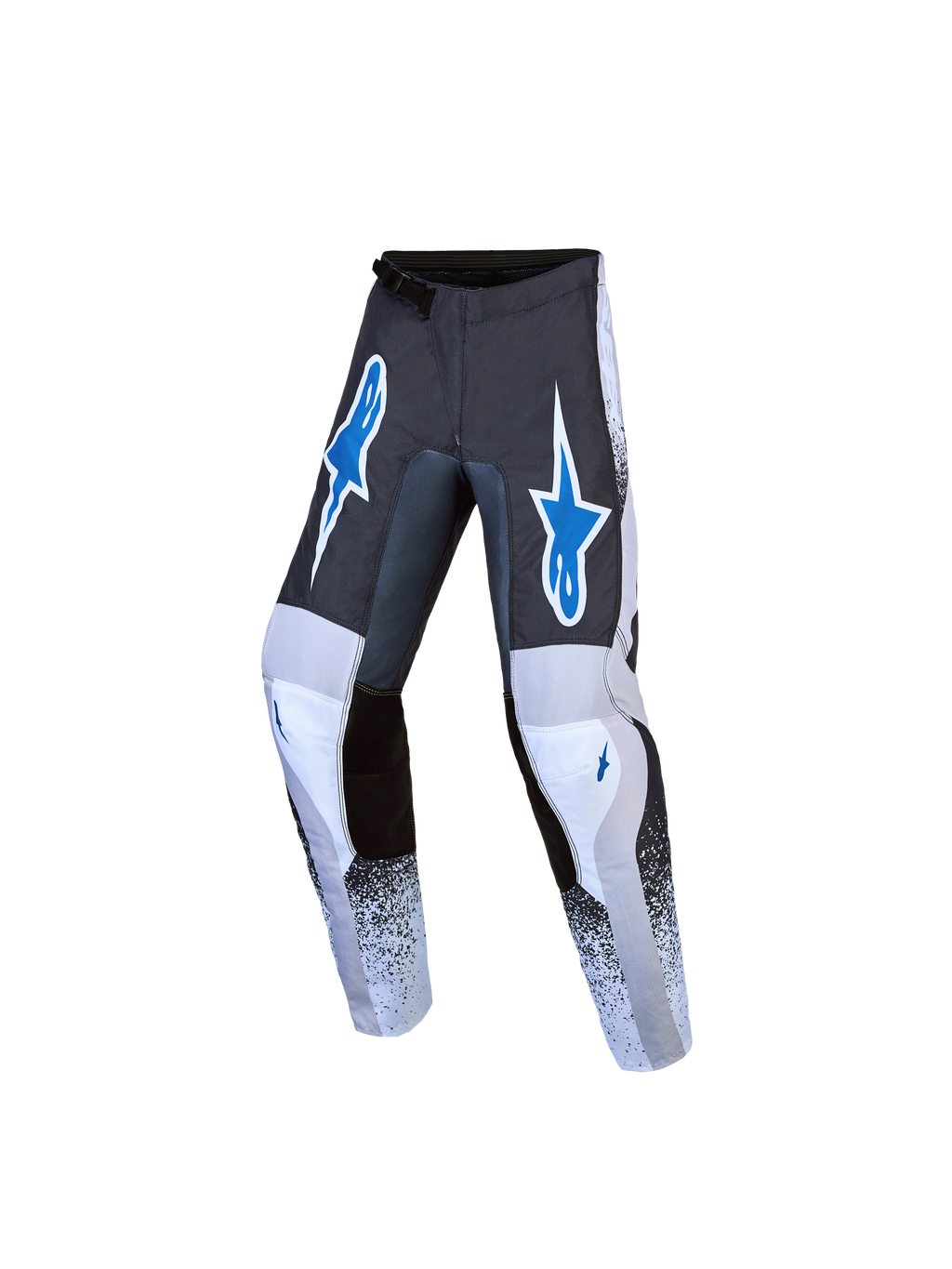 Alpinestars Fluid Drag 2027, młodzieżowe spodnie motocrossowe, szare i niebieskie, ergonomiczny krój do jazdy off-road.