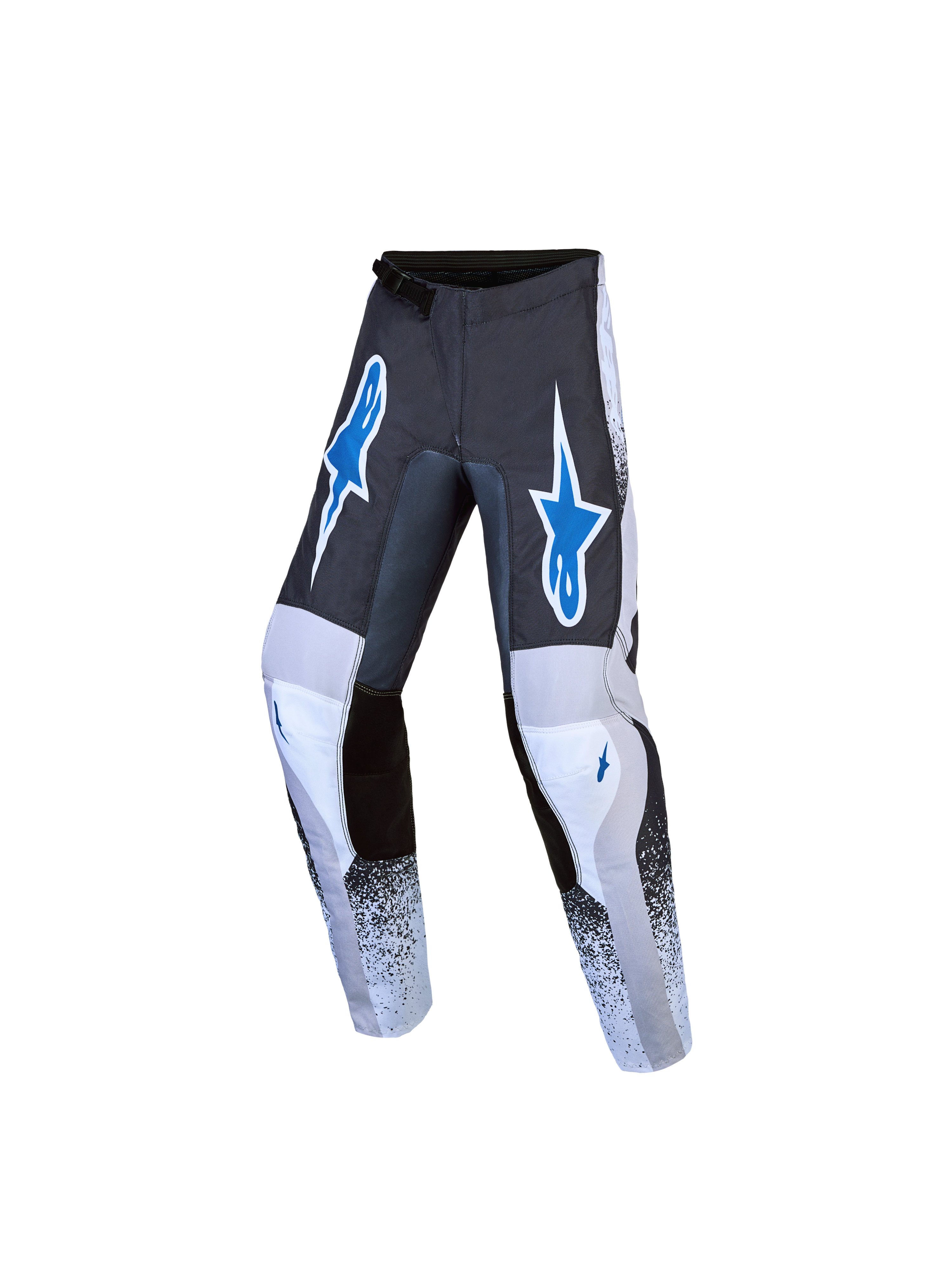 Alpinestars Fluid Drag 2027, młodzieżowe spodnie motocrossowe, szare i niebieskie, ergonomiczny krój do jazdy off-road.
