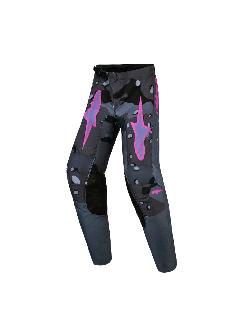 Alpinestars spodnie Fluid Lone młodzieżowe, szary kamuflaż i fioletowe akcenty, wytrzymały poliester do motocrossu.