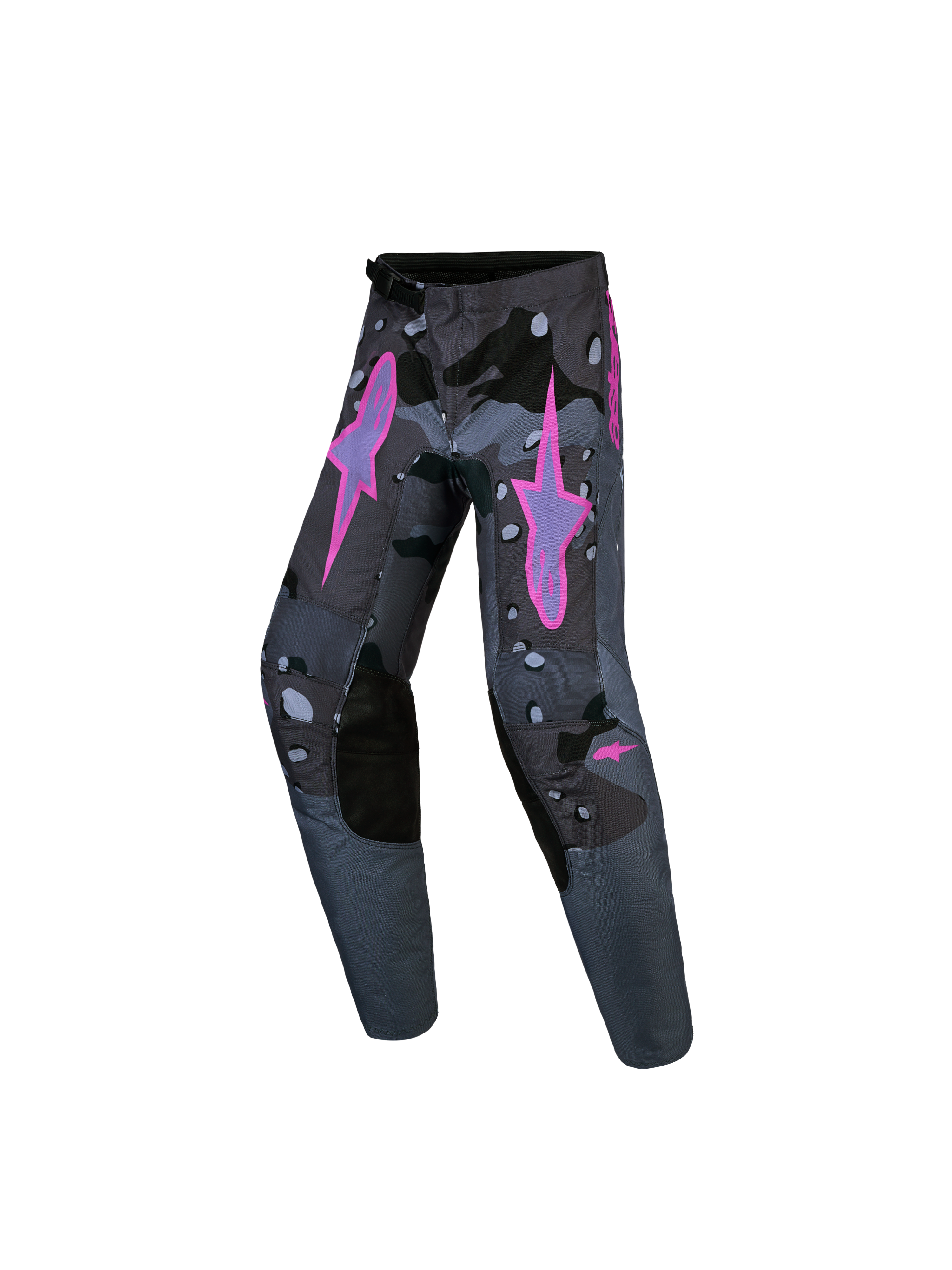 Alpinestars spodnie Fluid Lone młodzieżowe, szary kamuflaż i fioletowe akcenty, wytrzymały poliester do motocrossu.