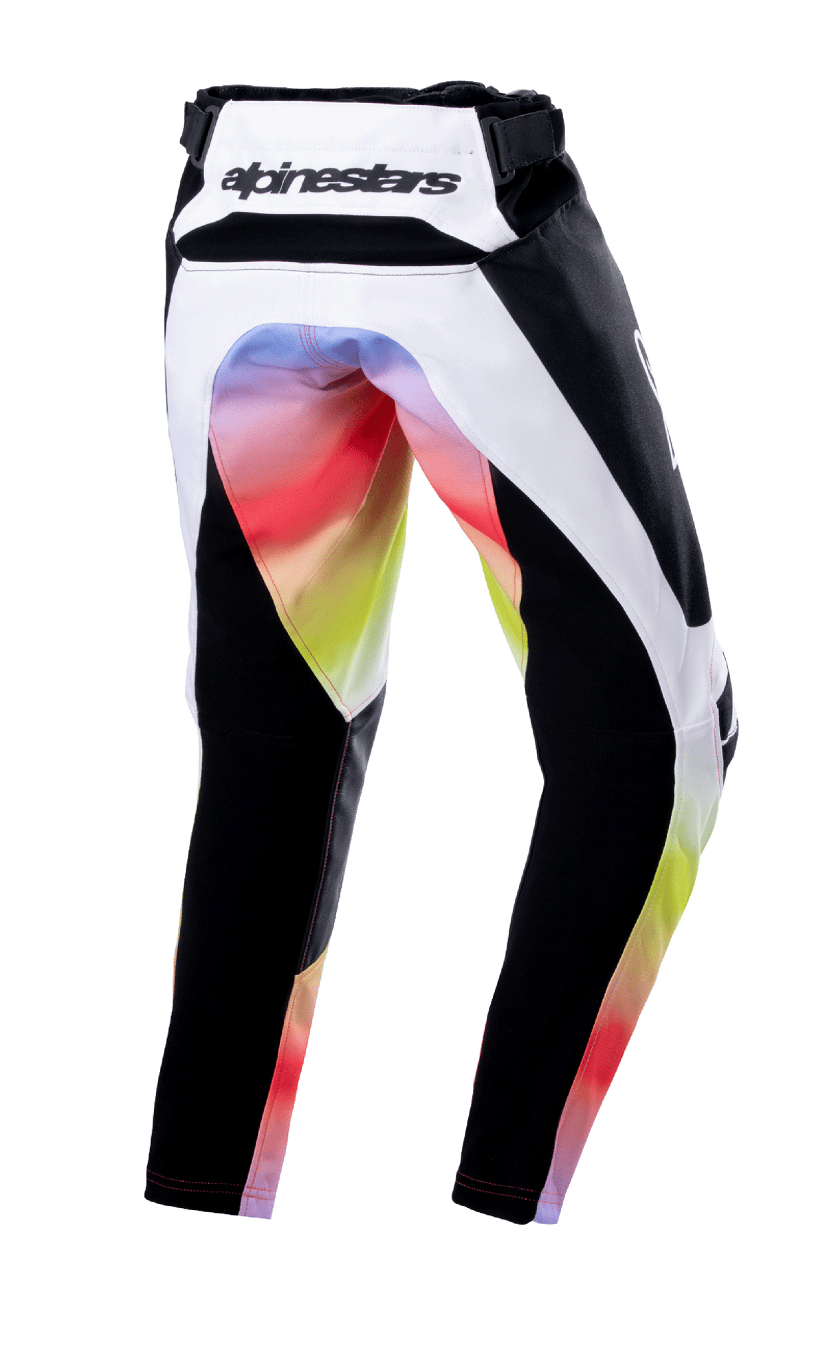 Alpinestars Youth 2023 Racer Semi Pants, spodnie motocrossowe, Black Multicolor, widok z tyłu przedstawiający białe i czarne panele z żywym gradientem kolorów na siedzeniu i wewnętrznej stronie nogawek, logo Alpinestars na tylnym pasie, wytrzymała konstrukcja do wyścigów off-road.