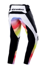 Alpinestars Youth 2023 Racer Semi Pants, spodnie motocrossowe, Black Multicolor, widok z tyłu przedstawiający białe i czarne panele z żywym gradientem kolorów na siedzeniu i wewnętrznej stronie nogawek, logo Alpinestars na tylnym pasie, wytrzymała konstrukcja do wyścigów off-road.