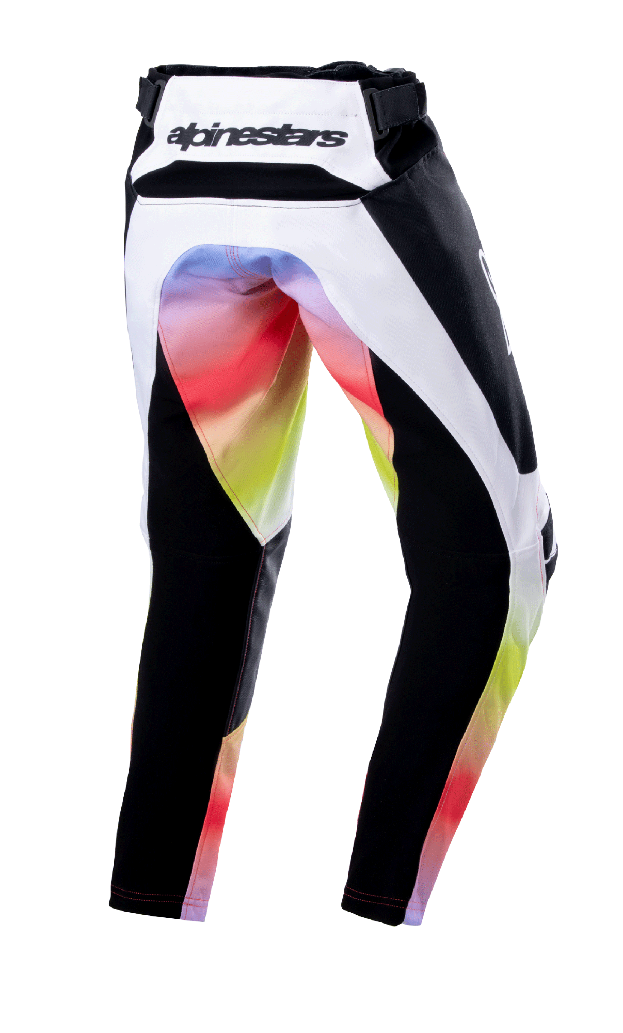 Alpinestars Youth 2023 Racer Semi Pants, spodnie motocrossowe, Black Multicolor, widok z tyłu przedstawiający białe i czarne panele z żywym gradientem kolorów na siedzeniu i wewnętrznej stronie nogawek, logo Alpinestars na tylnym pasie, wytrzymała konstrukcja do wyścigów off-road.