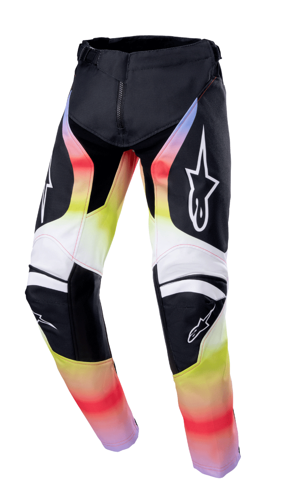 Alpinestars Youth Racer Semi Pants 2023, spodnie motocrossowe młodzieżowe, czarne z czerwono-żółto-białym gradientem, logo gwiazdy na udach i kolanach, techniczny design ze wzmocnioną ochroną kolan