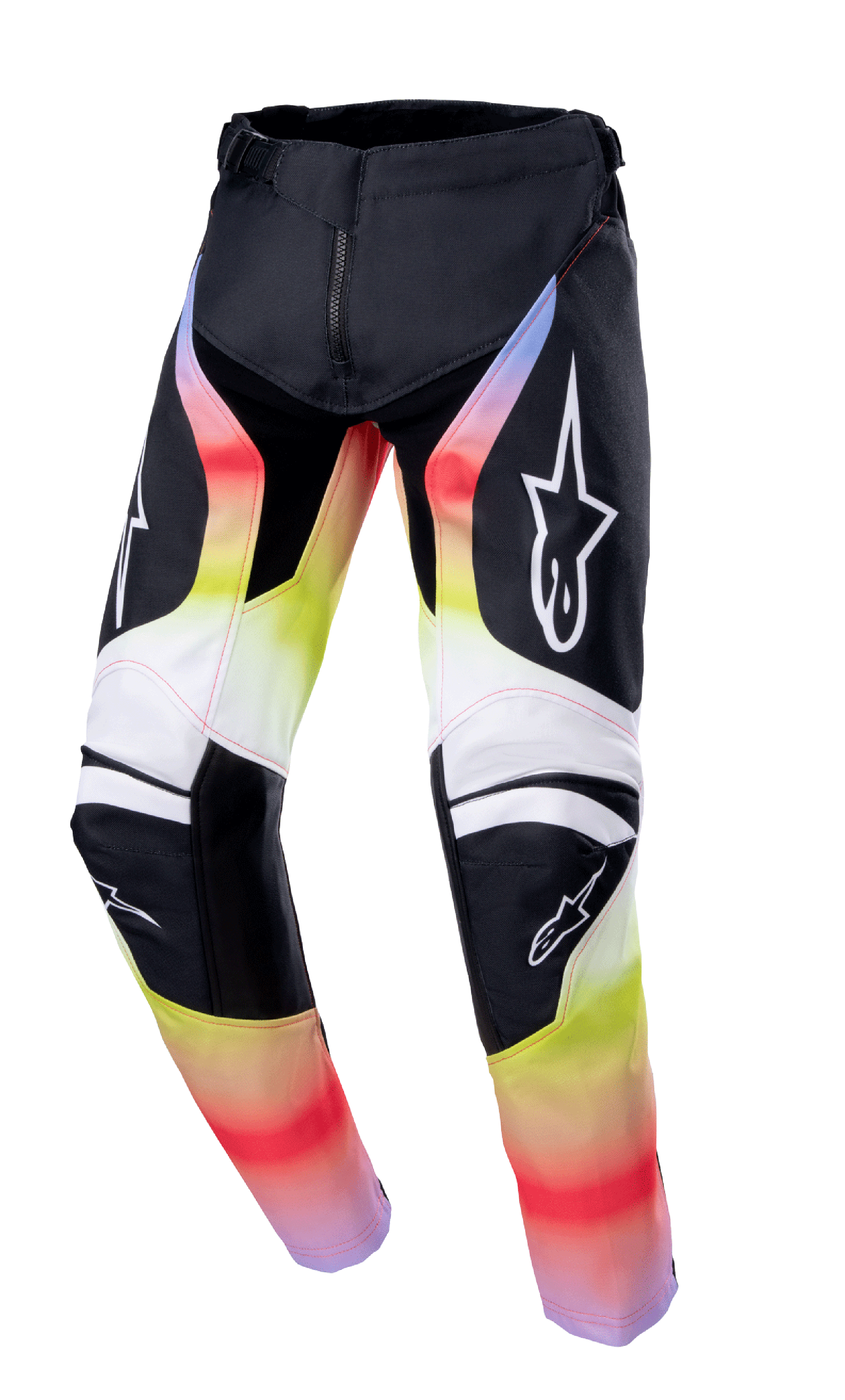 Alpinestars Youth Racer Semi Pants 2023, spodnie motocrossowe młodzieżowe, czarne z czerwono-żółto-białym gradientem, logo gwiazdy na udach i kolanach, techniczny design ze wzmocnioną ochroną kolan