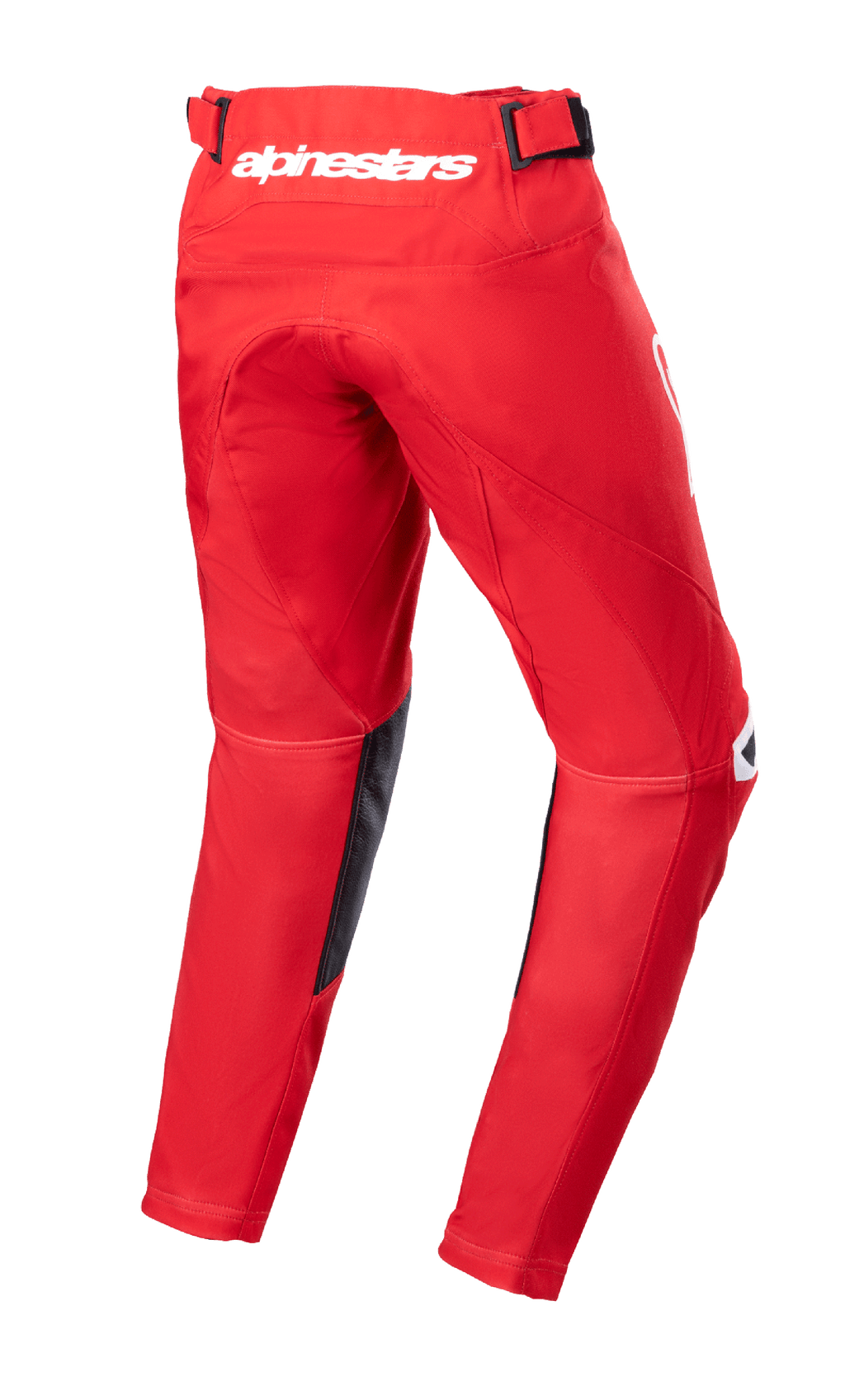 Alpinestars Youth 2023 Racer Narin Pants, spodnie motocrossowe, czerwone (Mars Red) i białe, widok z tyłu ukazujący białe logo Alpinestars na pasie, czarne skórzane panele wewnętrzne, ergonomiczna, wstępnie zakrzywiona konstrukcja do jazdy terenowej