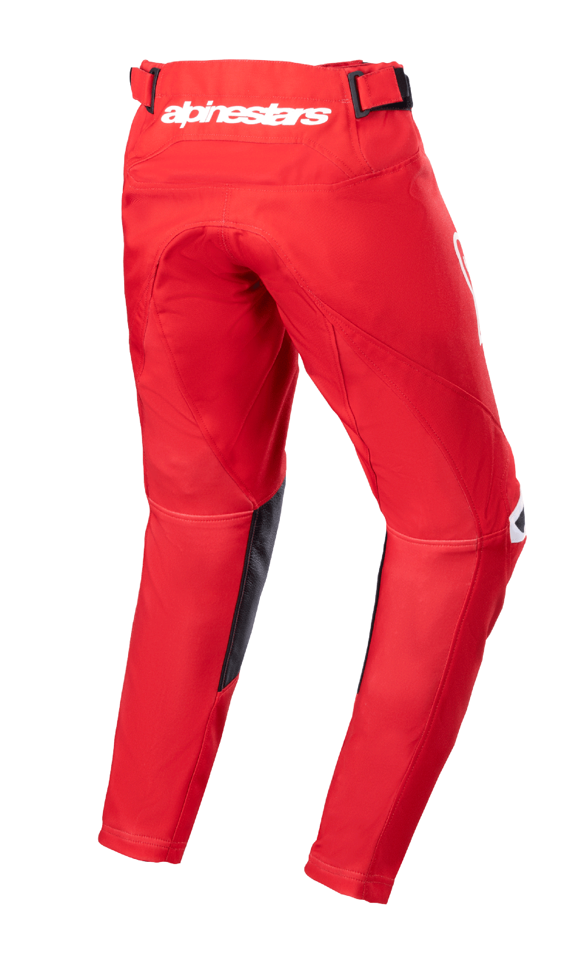 Alpinestars Youth 2023 Racer Narin Pants, spodnie motocrossowe, czerwone (Mars Red) i białe, widok z tyłu ukazujący białe logo Alpinestars na pasie, czarne skórzane panele wewnętrzne, ergonomiczna, wstępnie zakrzywiona konstrukcja do jazdy terenowej