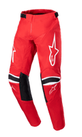 Alpinestars 2023 Youth Racer Narin Pants, spodnie motocrossowe młodzieżowe, czerwone i białe, białe logo gwiazdy na udach, czarne panele wzmacniające na kolanach z białymi pasami, regulowane paski w talii, wytrzymała konstrukcja off-road