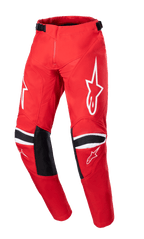 Alpinestars 2023 Youth Racer Narin Pants, spodnie motocrossowe młodzieżowe, czerwone i białe, białe logo gwiazdy na udach, czarne panele wzmacniające na kolanach z białymi pasami, regulowane paski w talii, wytrzymała konstrukcja off-road