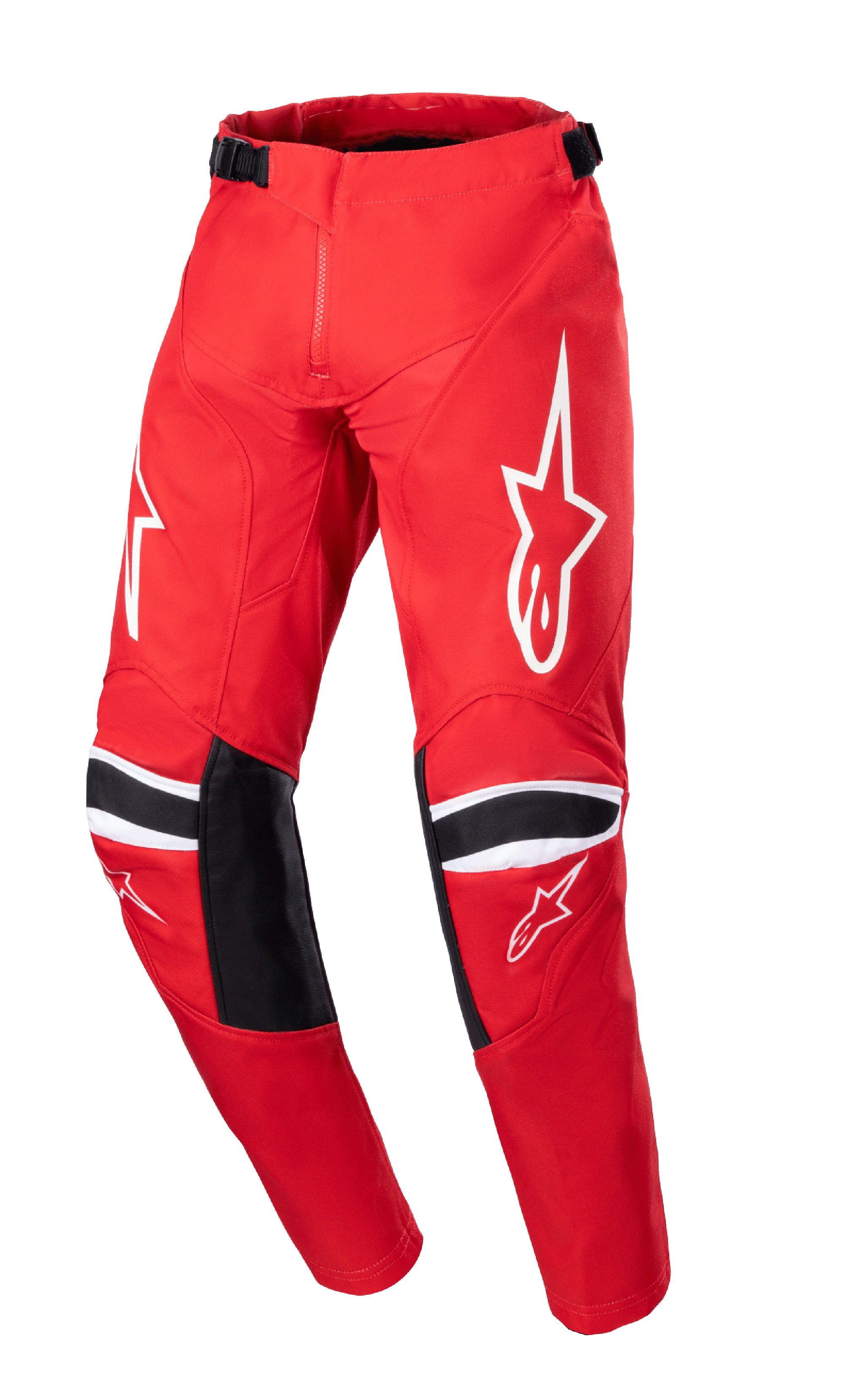 Alpinestars 2023 Youth Racer Narin Pants, spodnie motocrossowe młodzieżowe, czerwone i białe, białe logo gwiazdy na udach, czarne panele wzmacniające na kolanach z białymi pasami, regulowane paski w talii, wytrzymała konstrukcja off-road