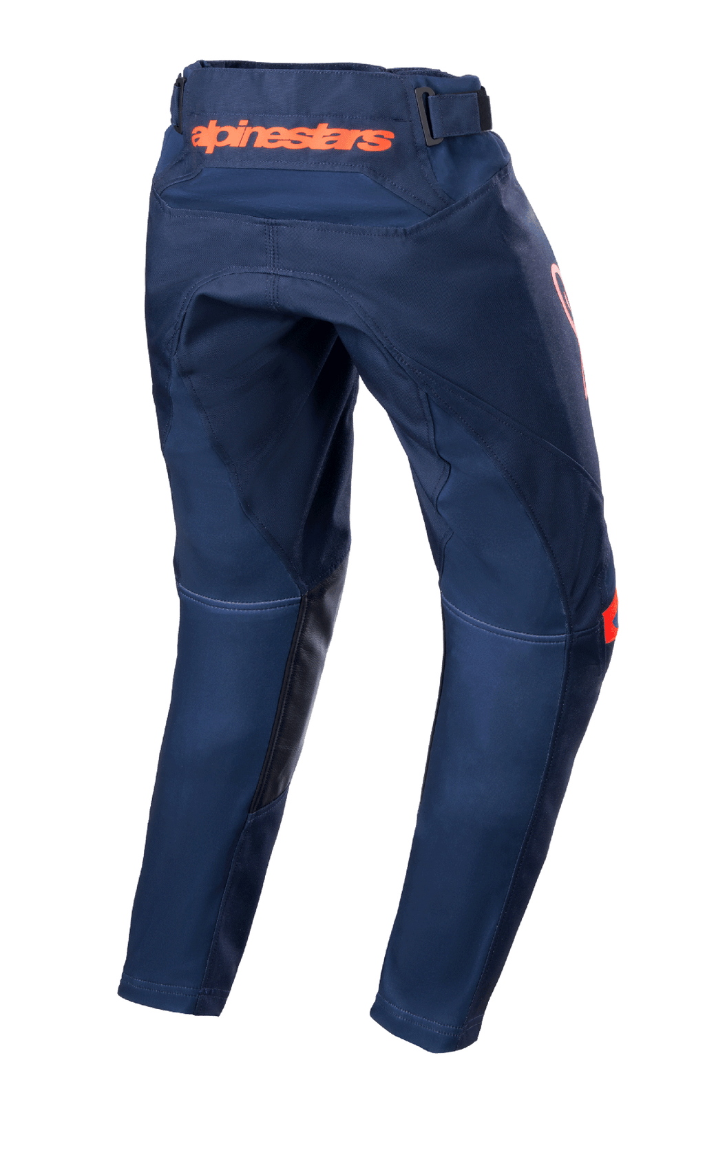 Alpinestars Youth 2023 Racer Narin Pants, spodnie motocrossowe, Night Navy i Hot Orange, widok z tyłu ukazujący pomarańczowe logo Alpinestars w pasie i czarne skórzane wzmocnienia po wewnętrznej stronie nogawek, wytrzymała konstrukcja tekstylna do jazdy off-road