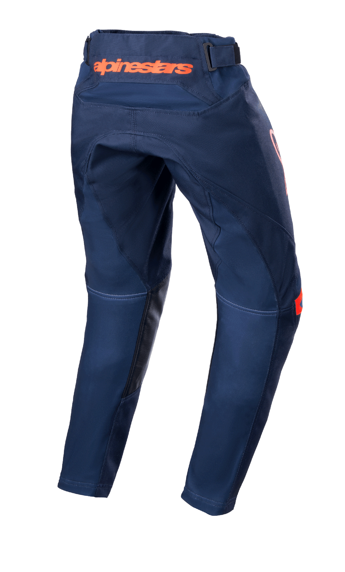 Alpinestars Youth 2023 Racer Narin Pants, spodnie motocrossowe, Night Navy i Hot Orange, widok z tyłu ukazujący pomarańczowe logo Alpinestars w pasie i czarne skórzane wzmocnienia po wewnętrznej stronie nogawek, wytrzymała konstrukcja tekstylna do jazdy off-road
