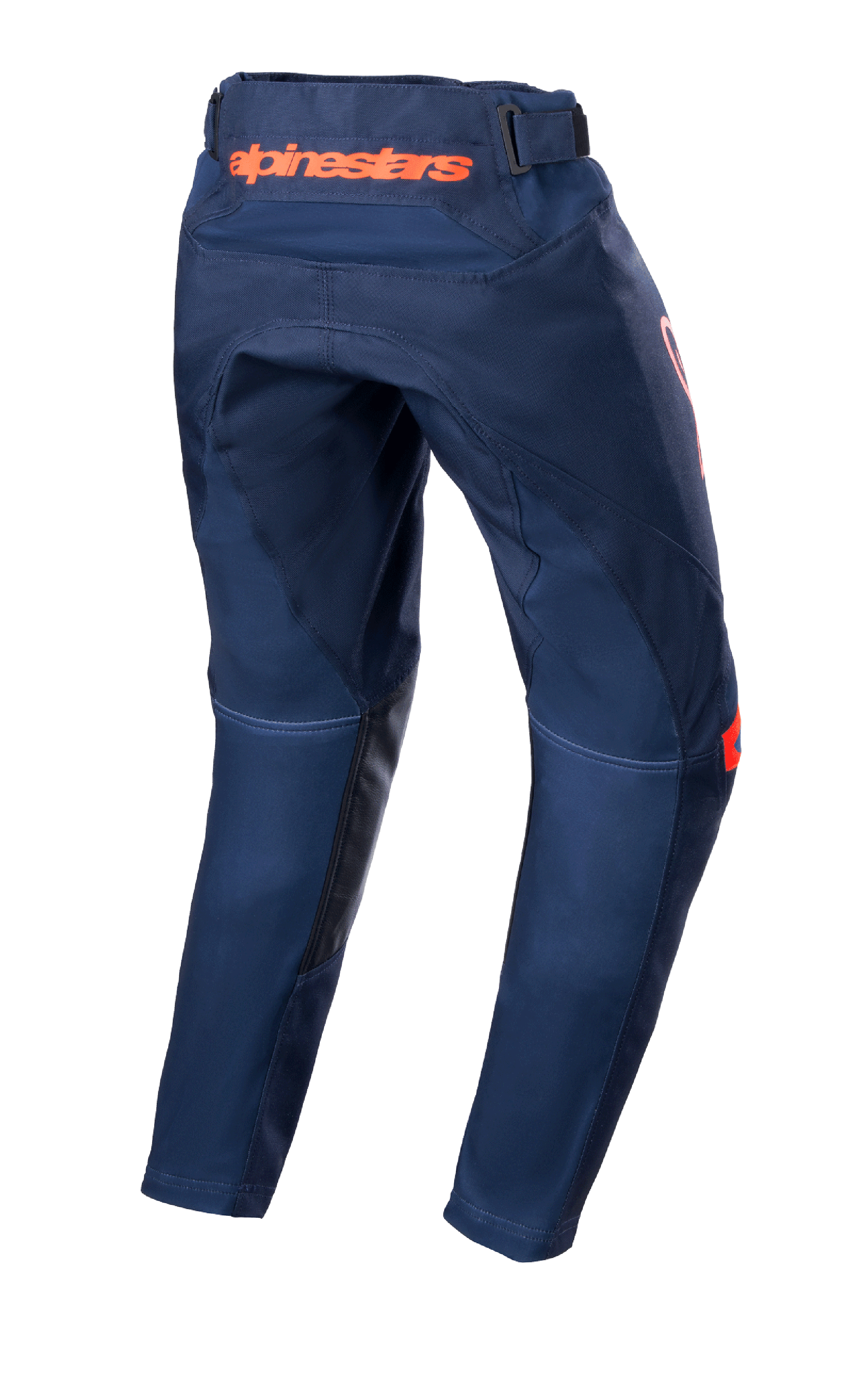 Alpinestars Youth 2023 Racer Narin Pants, spodnie motocrossowe, Night Navy i Hot Orange, widok z tyłu ukazujący pomarańczowe logo Alpinestars w pasie i czarne skórzane wzmocnienia po wewnętrznej stronie nogawek, wytrzymała konstrukcja tekstylna do jazdy off-road