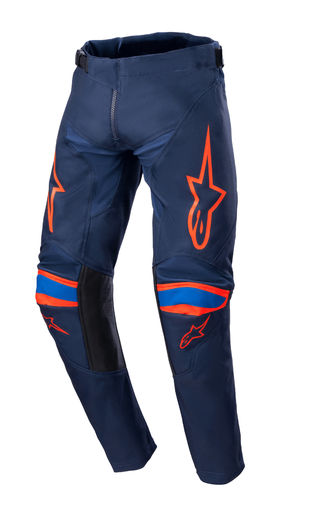 Alpinestars Youth Racer Narin Pants 2023, spodnie motocrossowe, ciemnogranatowe i jaskrawopomarańczowe, jaskrawopomarańczowe grafiki z logo na udach i kolanach, niebieskie akcenty, czarne panele wewnętrzne, wytrzymała konstrukcja tekstylna do wyścigów terenowych