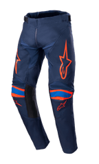 Alpinestars Youth Racer Narin Pants 2023, spodnie motocrossowe, ciemnogranatowe i jaskrawopomarańczowe, jaskrawopomarańczowe grafiki z logo na udach i kolanach, niebieskie akcenty, czarne panele wewnętrzne, wytrzymała konstrukcja tekstylna do wyścigów terenowych