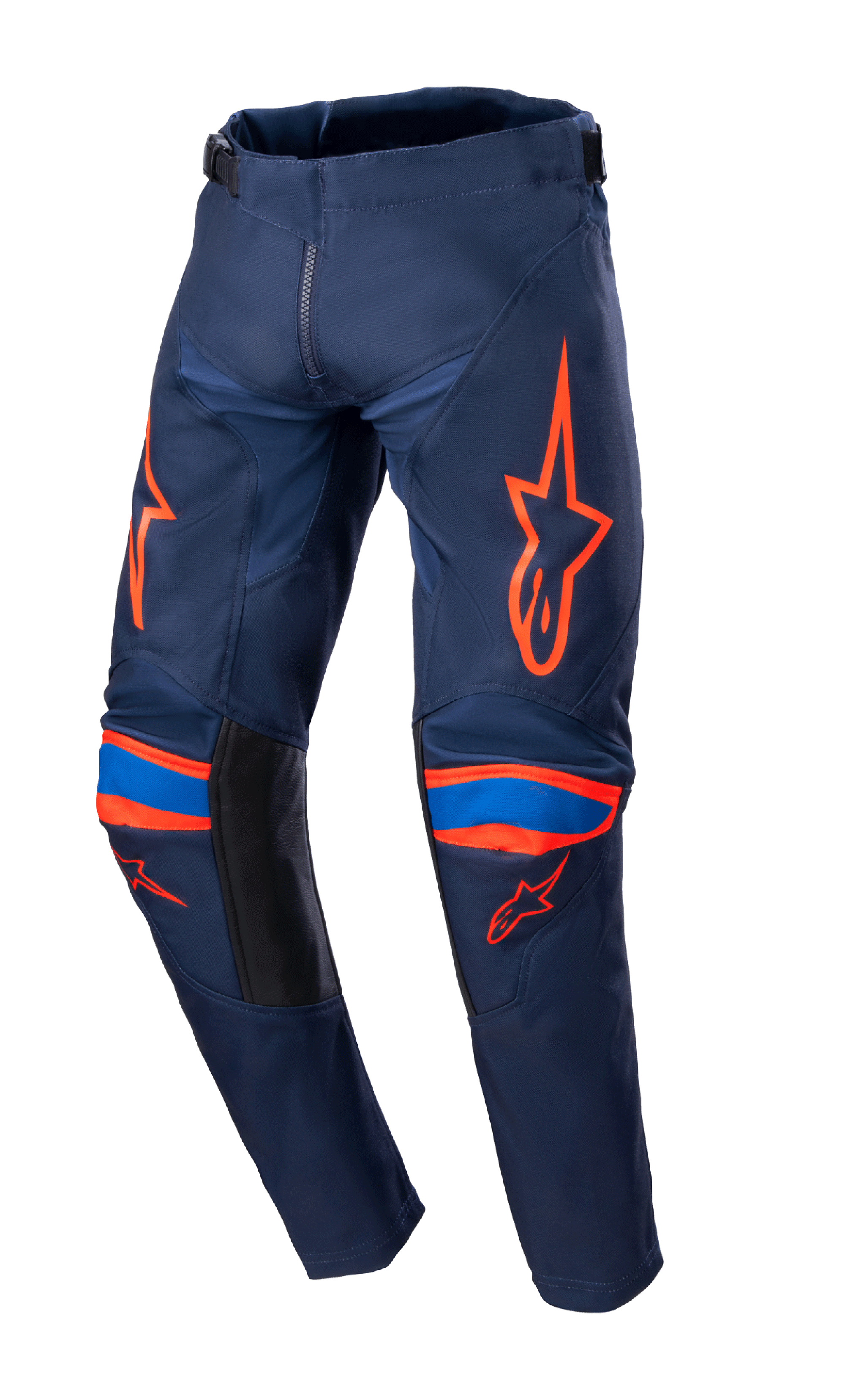 Alpinestars Youth Racer Narin Pants 2023, spodnie motocrossowe, ciemnogranatowe i jaskrawopomarańczowe, jaskrawopomarańczowe grafiki z logo na udach i kolanach, niebieskie akcenty, czarne panele wewnętrzne, wytrzymała konstrukcja tekstylna do wyścigów terenowych