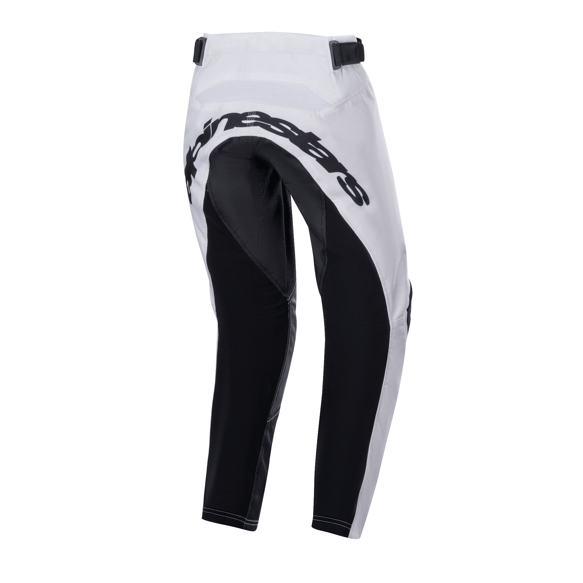 Alpinestars Youth Racer Lucent Pants 2024, młodzieżowe spodnie motocrossowe, biało-czarne, widok z tyłu ukazujący duże czarne wzmocnione panele na siedzeniu i wewnętrznej stronie nogawek, napis Alpinestars z tyłu oraz regulowane paski w talii do jazdy terenowej.