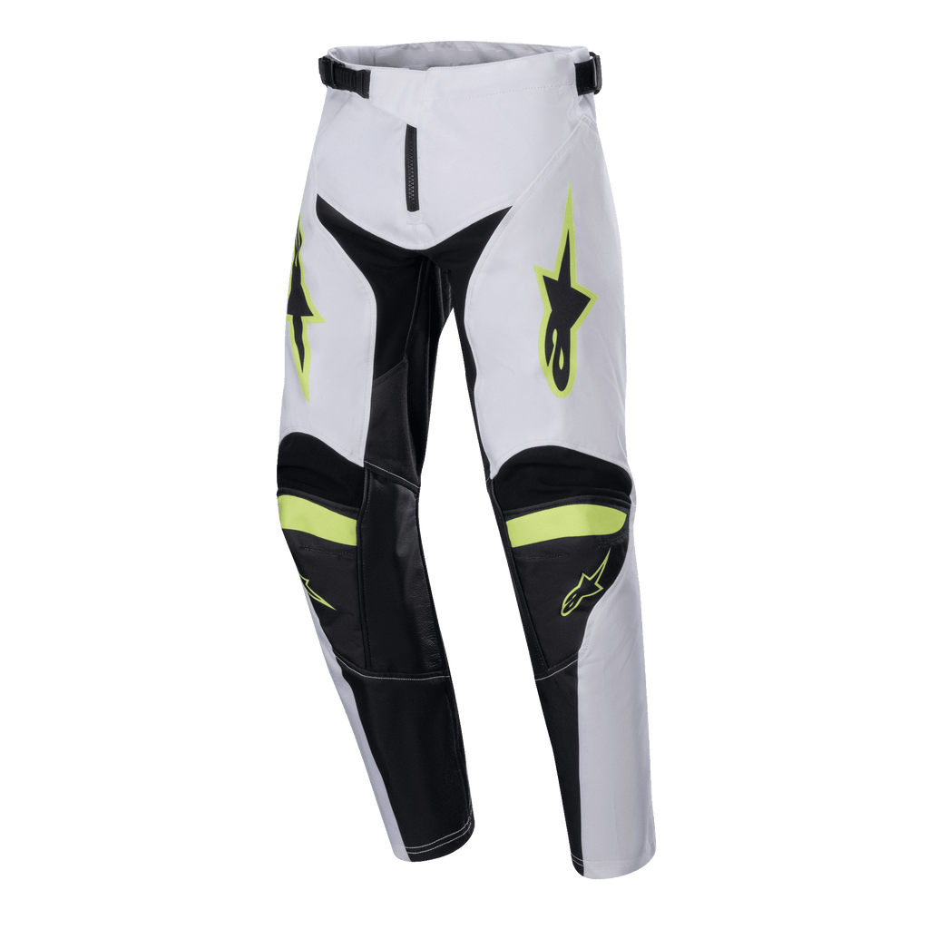Alpinestars Youth 2024 Racer Lucent Pants, spodnie motocrossowe, białe, czarne i żółte fluo, logo gwiazdy na udach, czarne panele po wewnętrznej stronie nogawek i na kolanach, sportowy wstępnie zakrzywiony krój zapewniający wydajność motocrossową