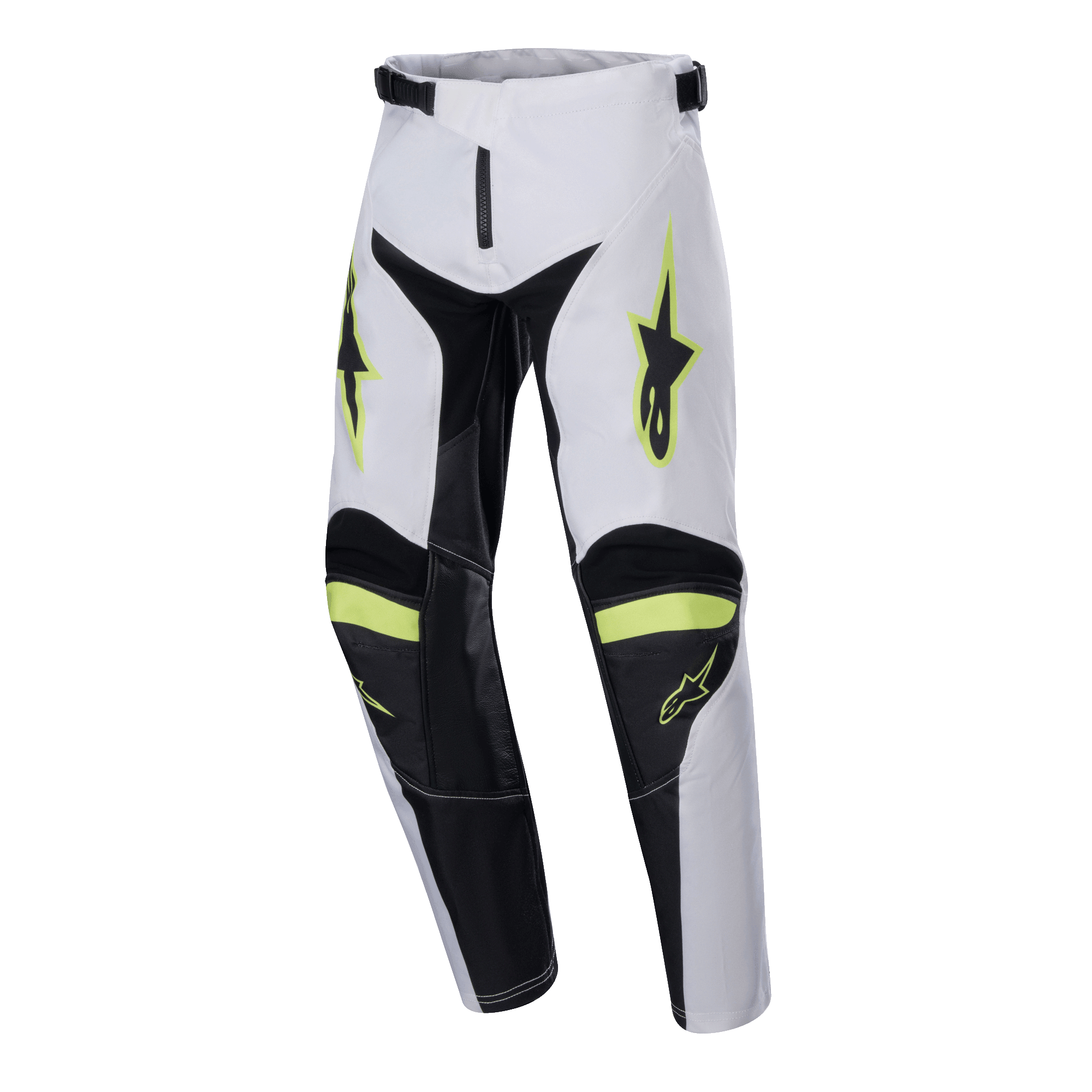 Alpinestars Youth 2024 Racer Lucent Pants, spodnie motocrossowe, białe, czarne i żółte fluo, logo gwiazdy na udach, czarne panele po wewnętrznej stronie nogawek i na kolanach, sportowy wstępnie zakrzywiony krój zapewniający wydajność motocrossową
