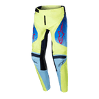 Alpinestars Youth Racer Hoen Pants 2024, spodnie motocrossowe młodzieżowe, żółte fluo i granatowe, czerwone logo gwiazdy Alpinestars, granatowe panele i czarne wzmocnienia na kolanach, sportowy design do jazdy terenowej