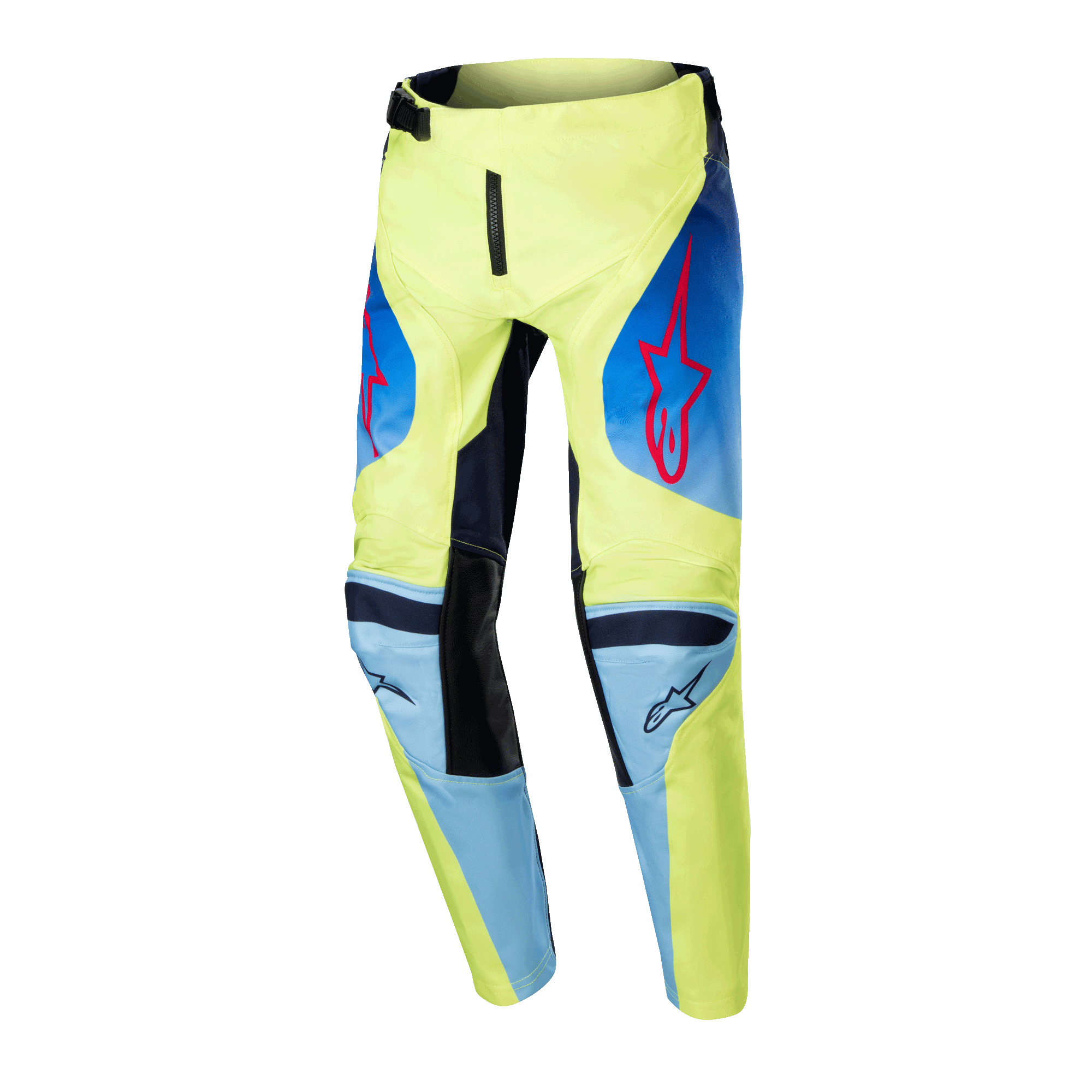 Alpinestars Youth Racer Hoen Pants 2024, spodnie motocrossowe młodzieżowe, żółte fluo i granatowe, czerwone logo gwiazdy Alpinestars, granatowe panele i czarne wzmocnienia na kolanach, sportowy design do jazdy terenowej