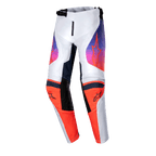 Alpinestars Youth Racer Hoen Pants 2024, spodnie motocrossowe, jasnoszare, jaskrawopomarańczowe i czarne, grafika na udach z fioletowo-pomarańczowym gradientem, jaskrawopomarańczowe panele na kolanach z czarnym logo, ergonomiczny krój do wyścigów terenowych