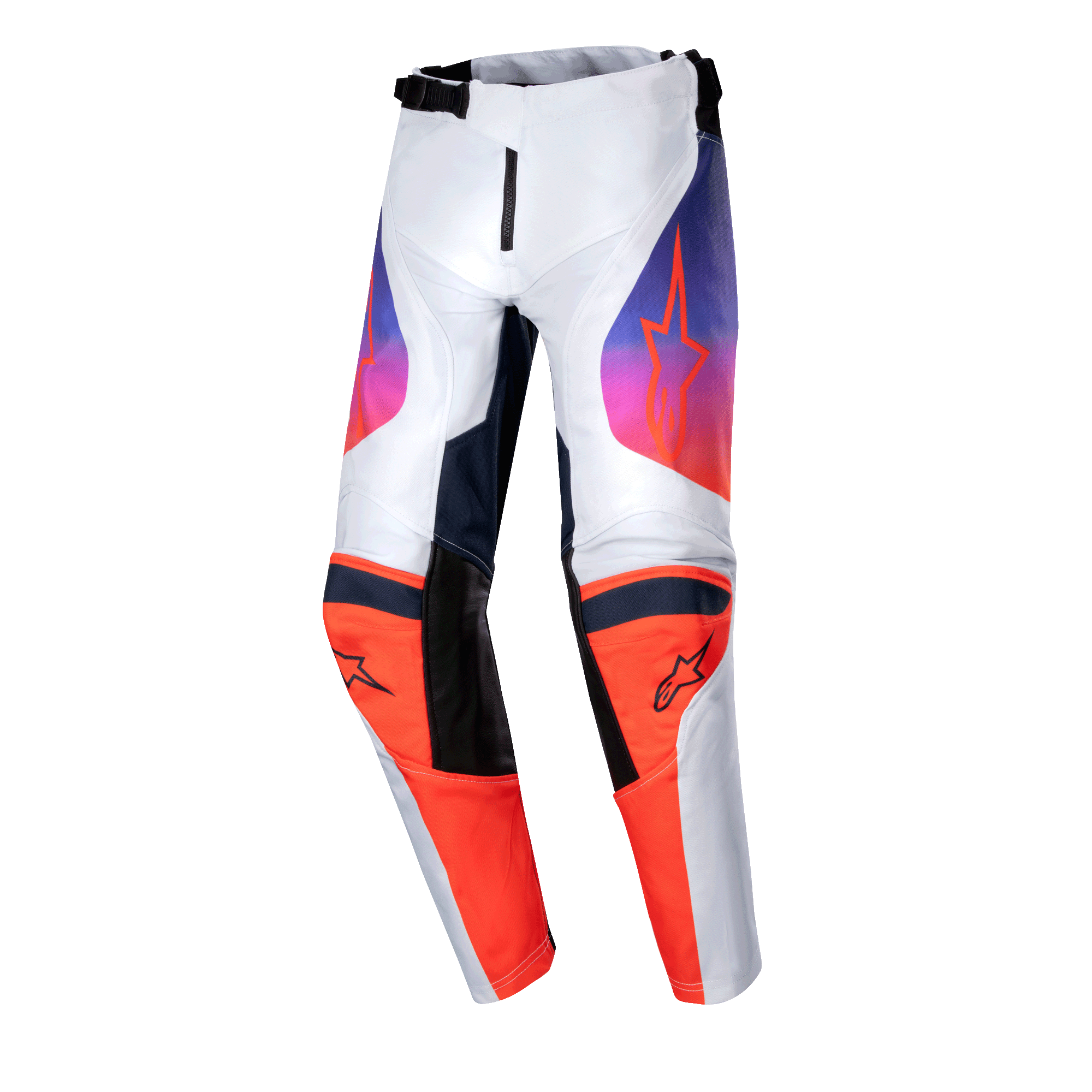 Alpinestars Youth Racer Hoen Pants 2024, spodnie motocrossowe, jasnoszare, jaskrawopomarańczowe i czarne, grafika na udach z fioletowo-pomarańczowym gradientem, jaskrawopomarańczowe panele na kolanach z czarnym logo, ergonomiczny krój do wyścigów terenowych