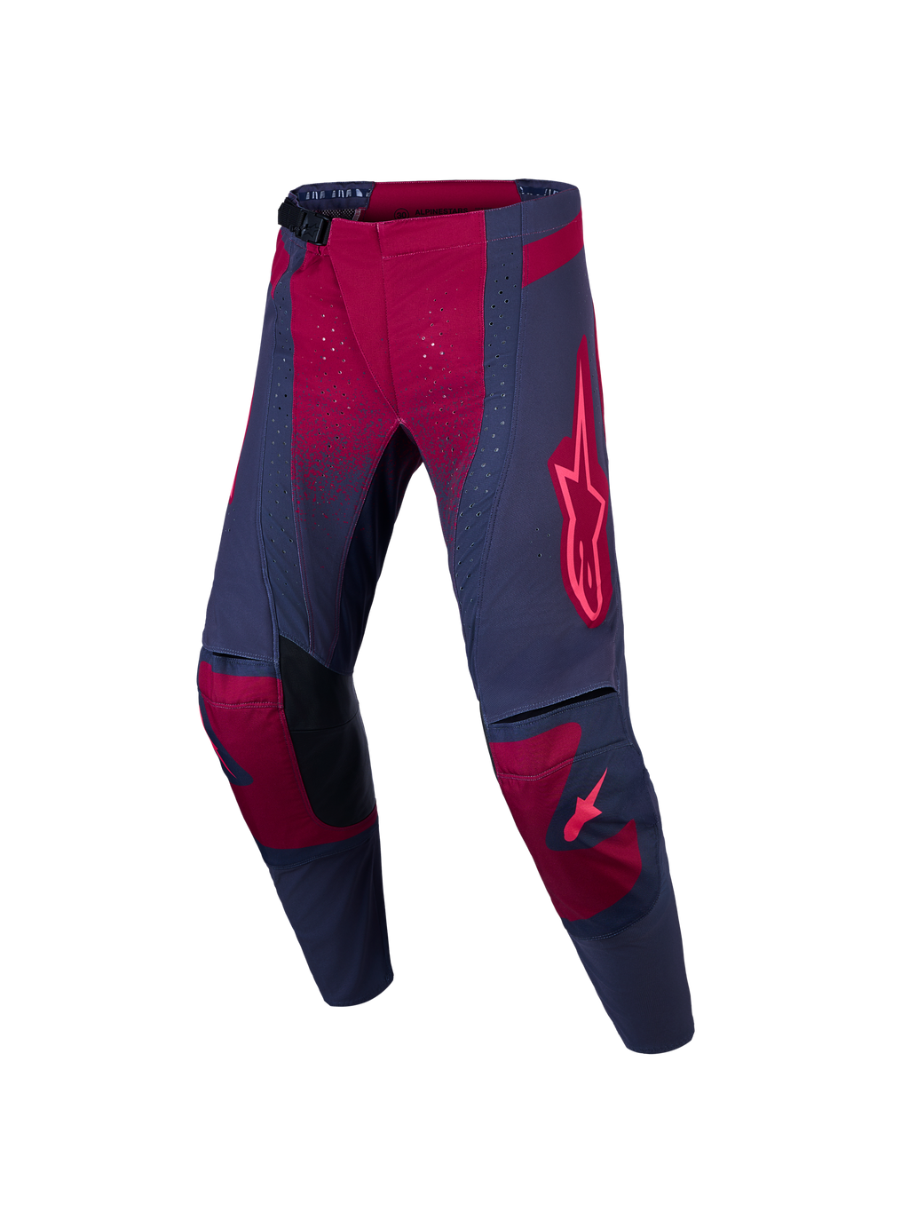 Alpinestars Stella Techstar Swan, damskie spodnie motocrossowe, szaro-czerwone, z perforowanymi panelami wentylacyjnymi.