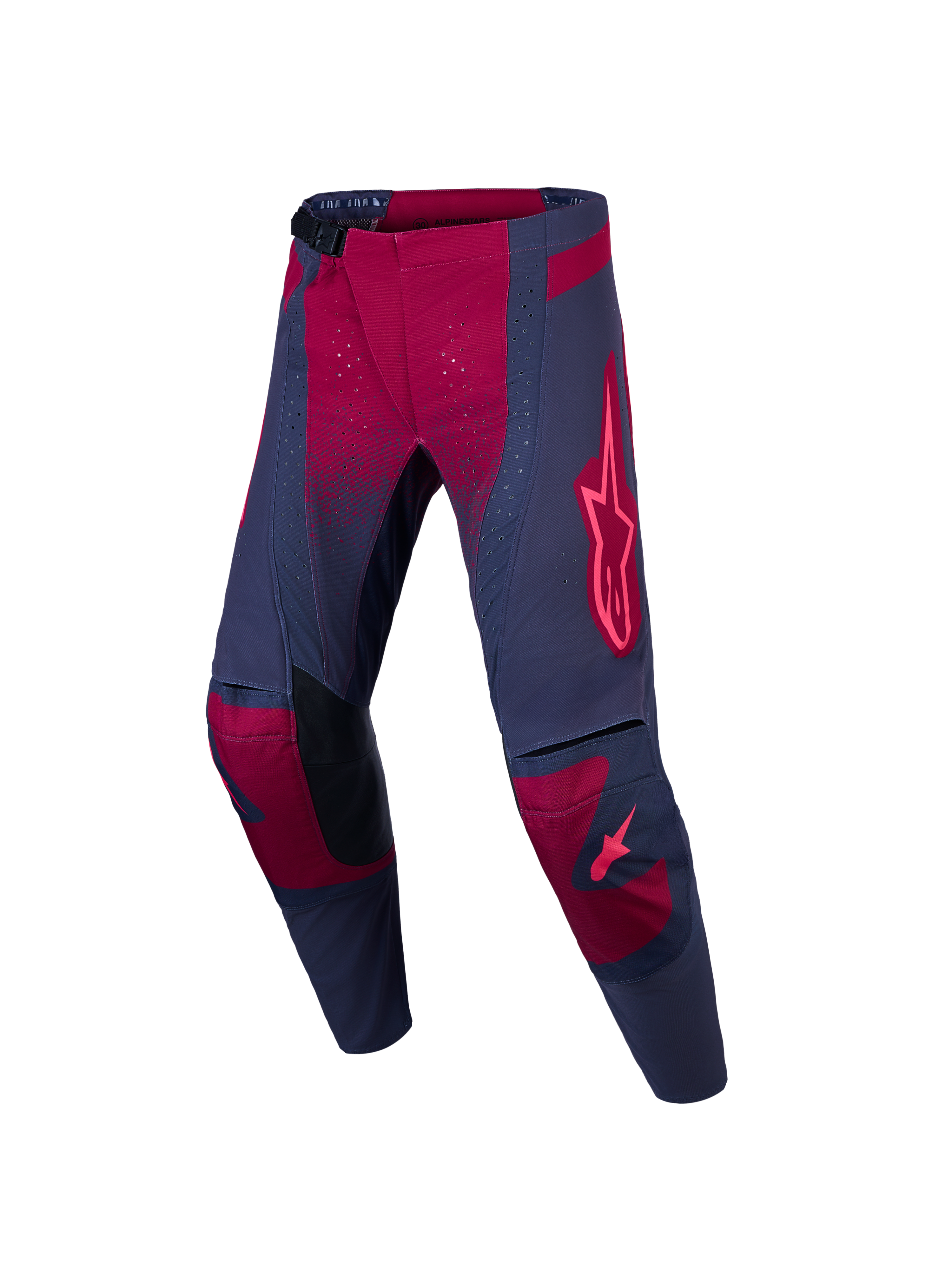 Alpinestars Stella Techstar Swan, damskie spodnie motocrossowe, szaro-czerwone, z perforowanymi panelami wentylacyjnymi.
