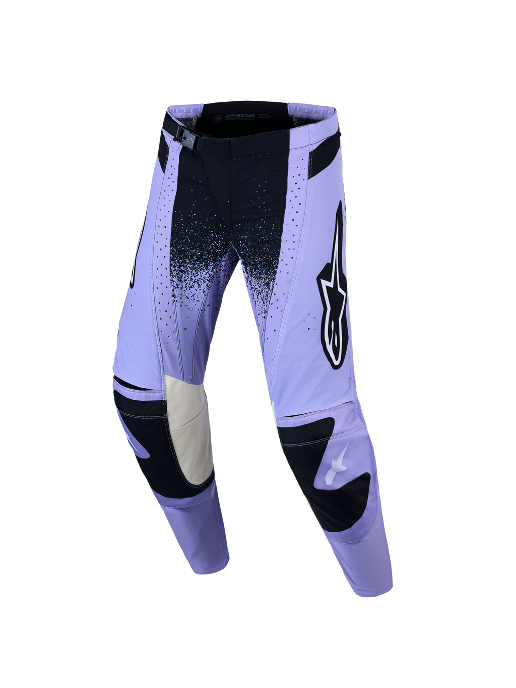 Alpinestars Stella Techstar Swan Pants, damskie spodnie motocrossowe, fioletowe i czarne, z laserowymi perforacjami i magnetyczną klamrą SX2, wytrzymała odzież do wyścigów MX i jazdy terenowej.