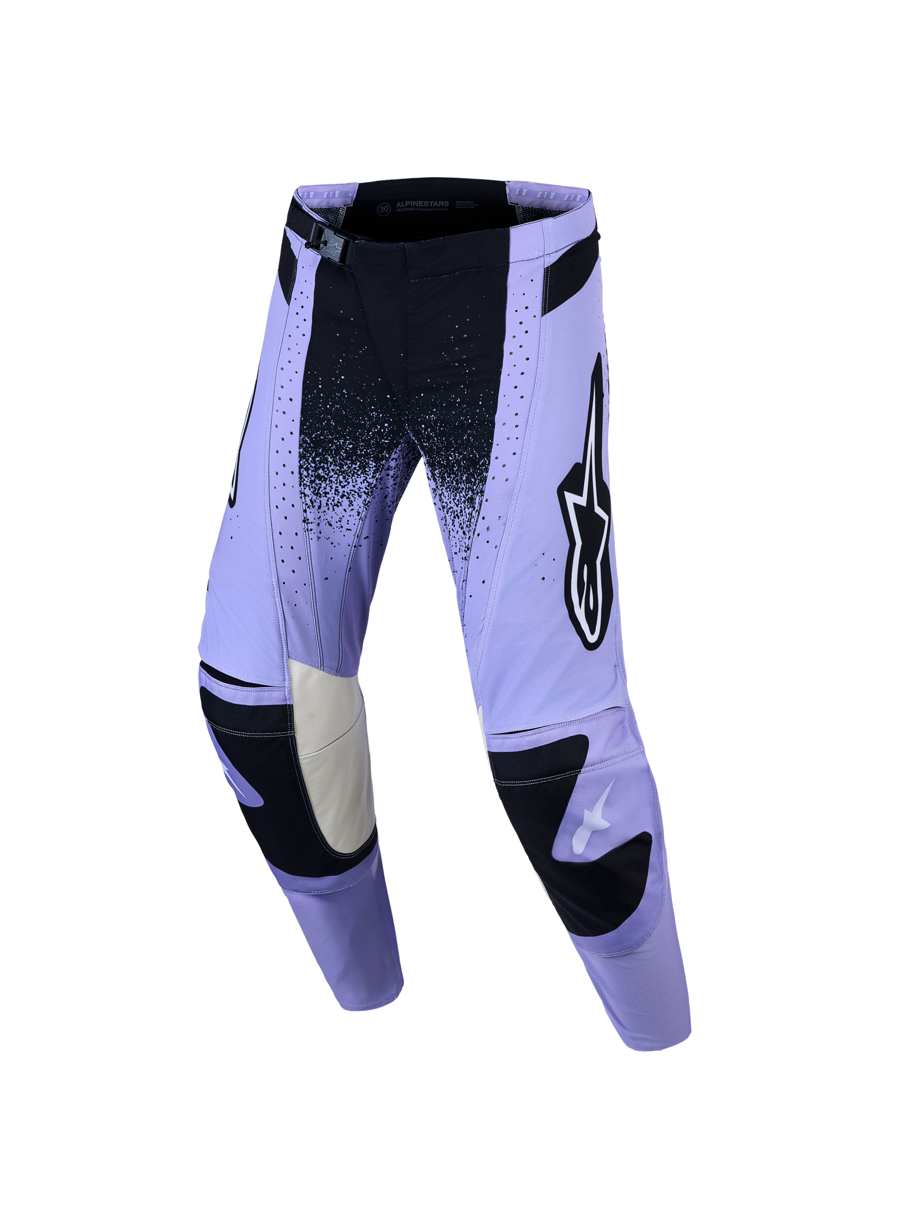 Alpinestars Stella Techstar Swan Pants, damskie spodnie motocrossowe, fioletowe i czarne, z laserowymi perforacjami i magnetyczną klamrą SX2, wytrzymała odzież do wyścigów MX i jazdy terenowej.