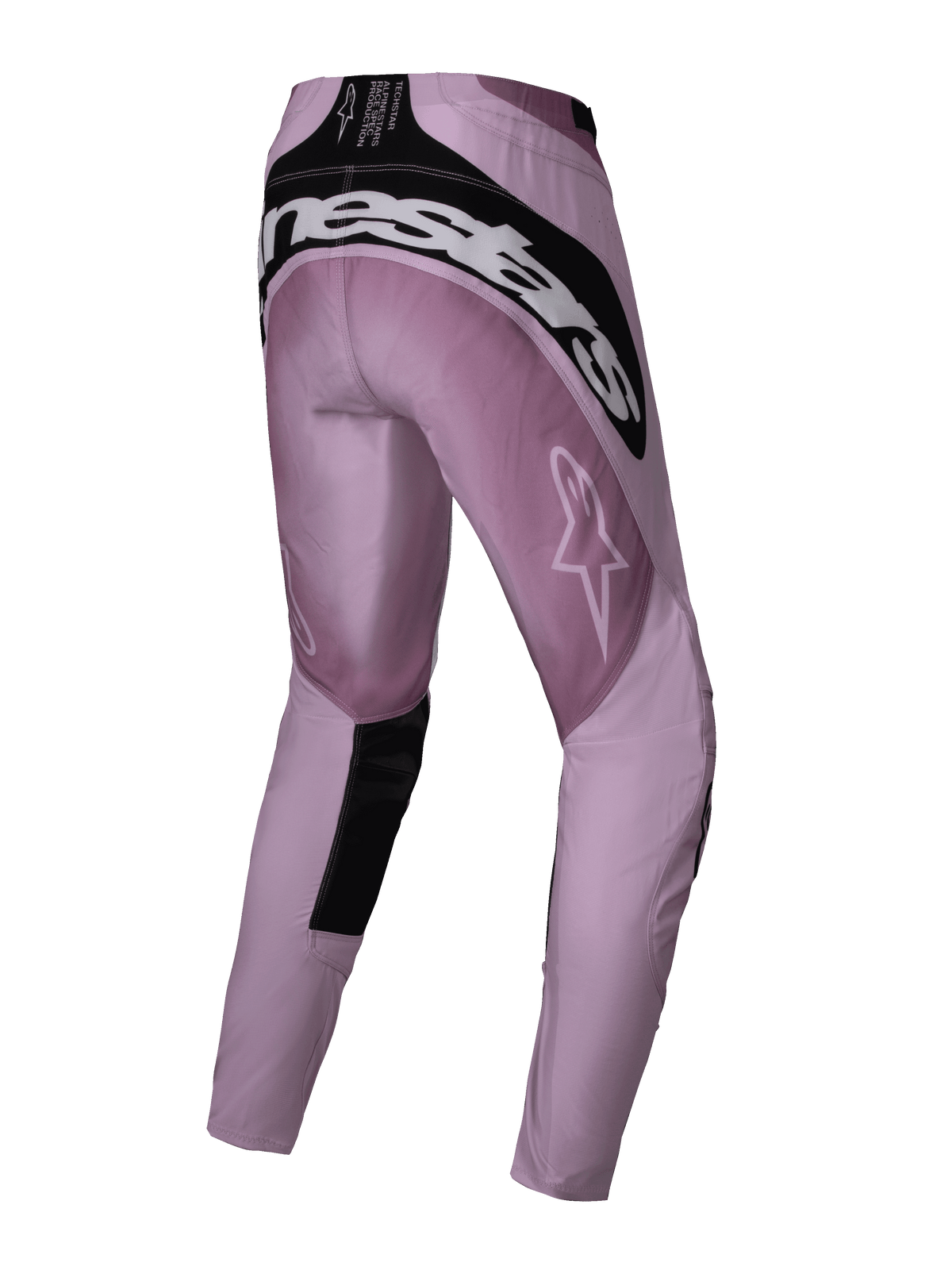 Alpinestars Stella Techstar Melt Pants 2025, damskie spodnie motocrossowe, różowo-czarne (Blush Black), widok z tyłu prezentujący białe logo Alpinestars na siedzeniu, czarne panele wzmacniające i logo gwiazdy na udzie, zaprojektowane dla wydajności off-road