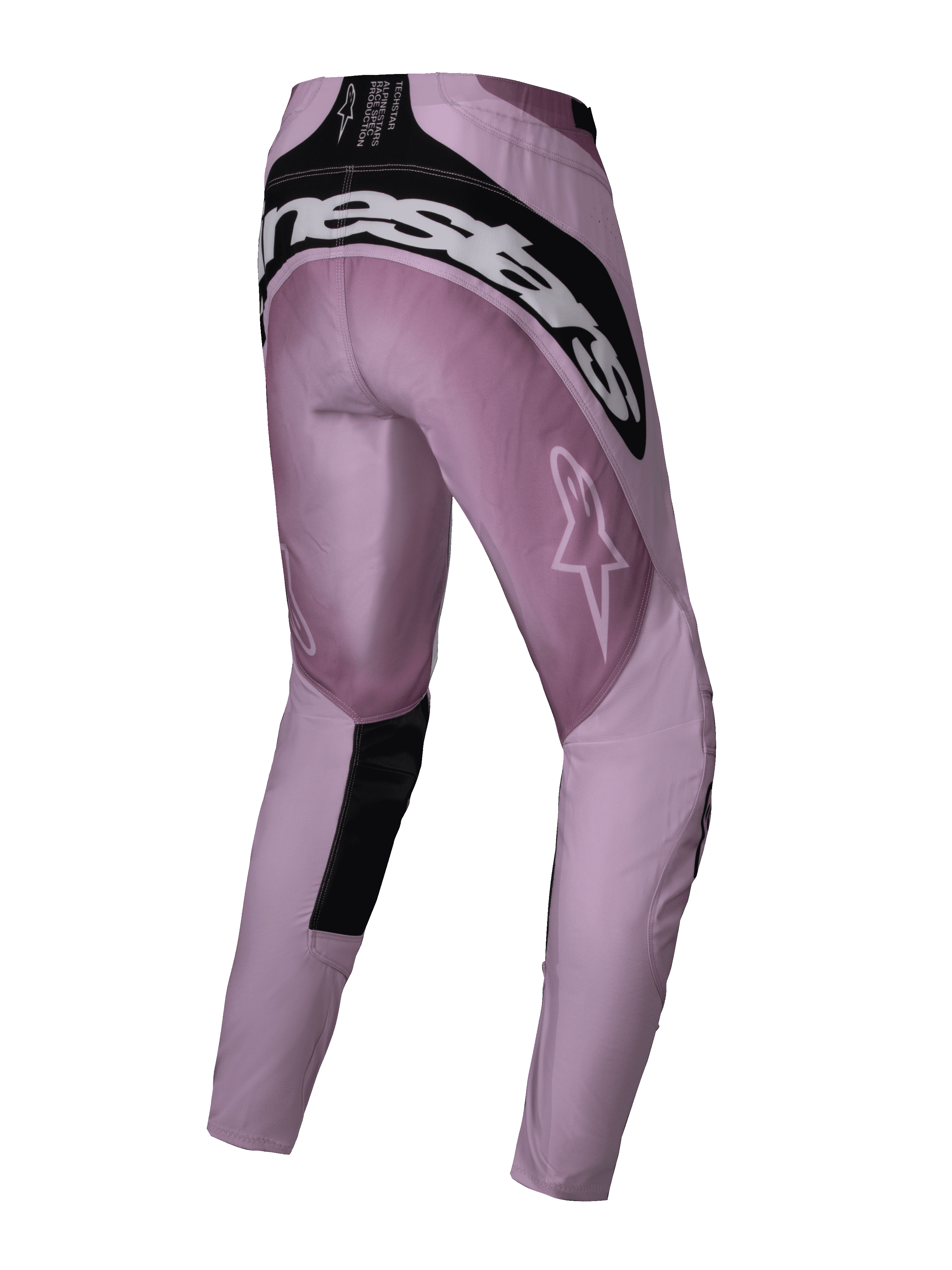 Alpinestars Stella Techstar Melt Pants 2025, damskie spodnie motocrossowe, różowo-czarne (Blush Black), widok z tyłu prezentujący białe logo Alpinestars na siedzeniu, czarne panele wzmacniające i logo gwiazdy na udzie, zaprojektowane dla wydajności off-road