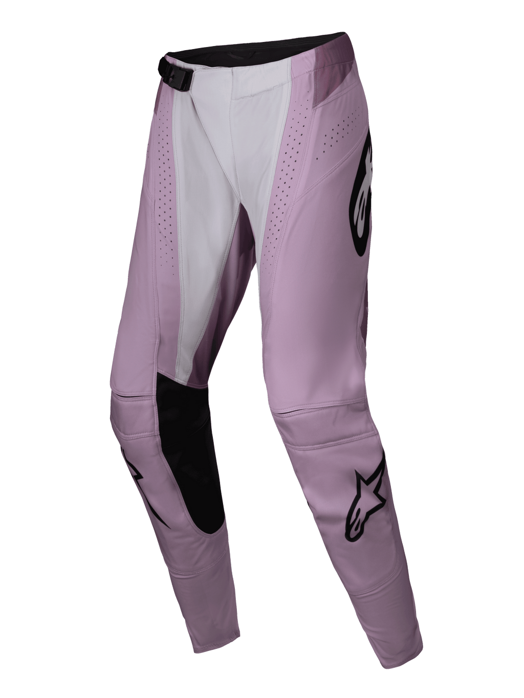 Alpinestars Stella Techstar Melt 2025, damskie spodnie motocrossowe, różowe i białe z czarnymi akcentami, laserowe perforacje, wzmocnione wewnętrzne kolana, kultowe czarne logo z gwiazdą, przeznaczone do wyczynowej jazdy terenowej.