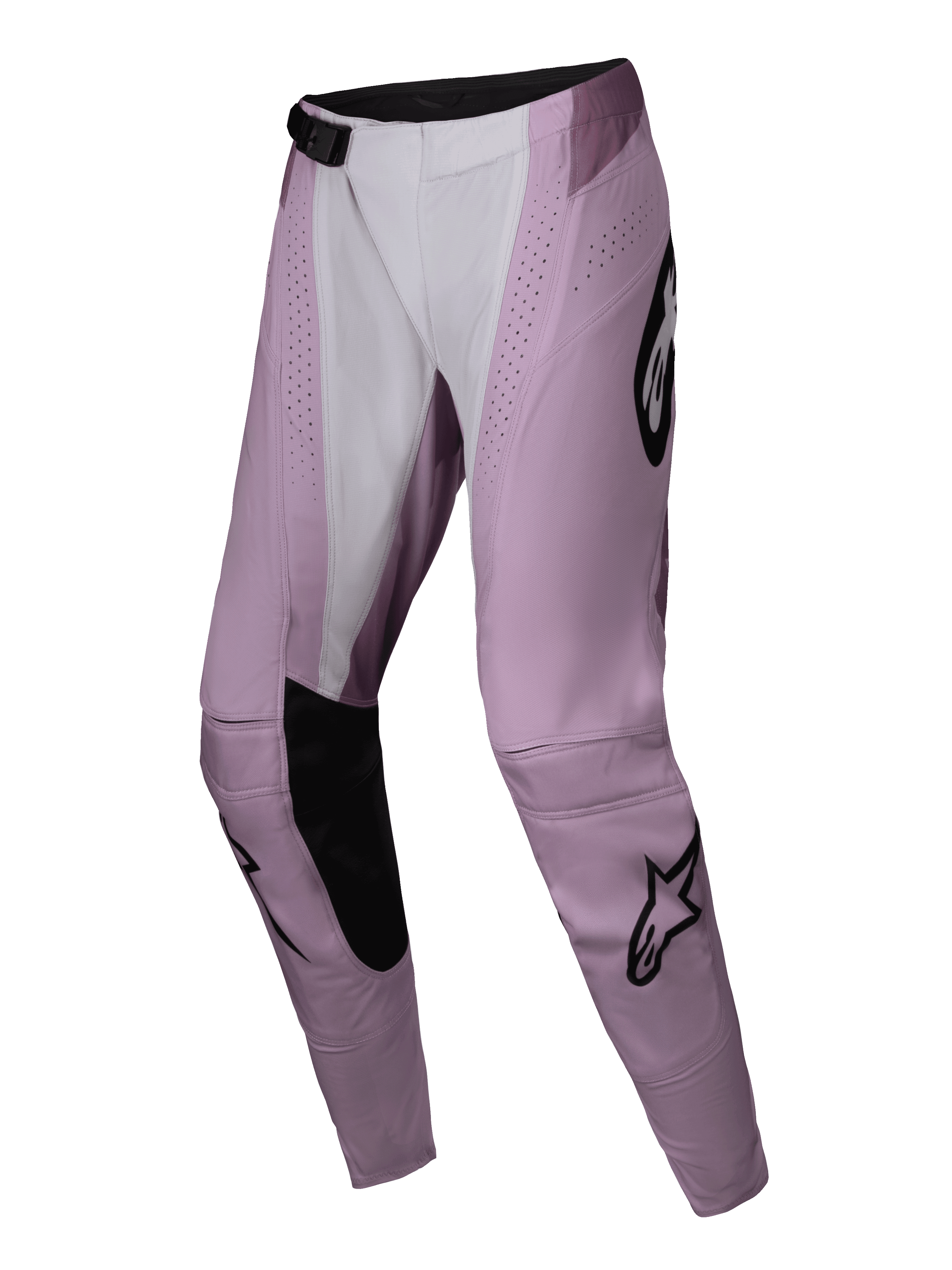 Alpinestars Stella Techstar Melt 2025, damskie spodnie motocrossowe, różowe i białe z czarnymi akcentami, laserowe perforacje, wzmocnione wewnętrzne kolana, kultowe czarne logo z gwiazdą, przeznaczone do wyczynowej jazdy terenowej.
