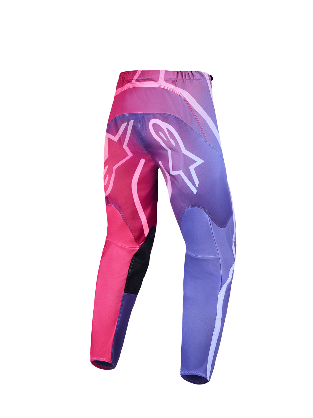 Spodnie Stella Fluid Kepler Alpinestars, damskie spodnie motocrossowe, fioletowe i czerwone, widok z tyłu z logo Alpinestars, wzmocniona konstrukcja tekstylna do jazdy MX.