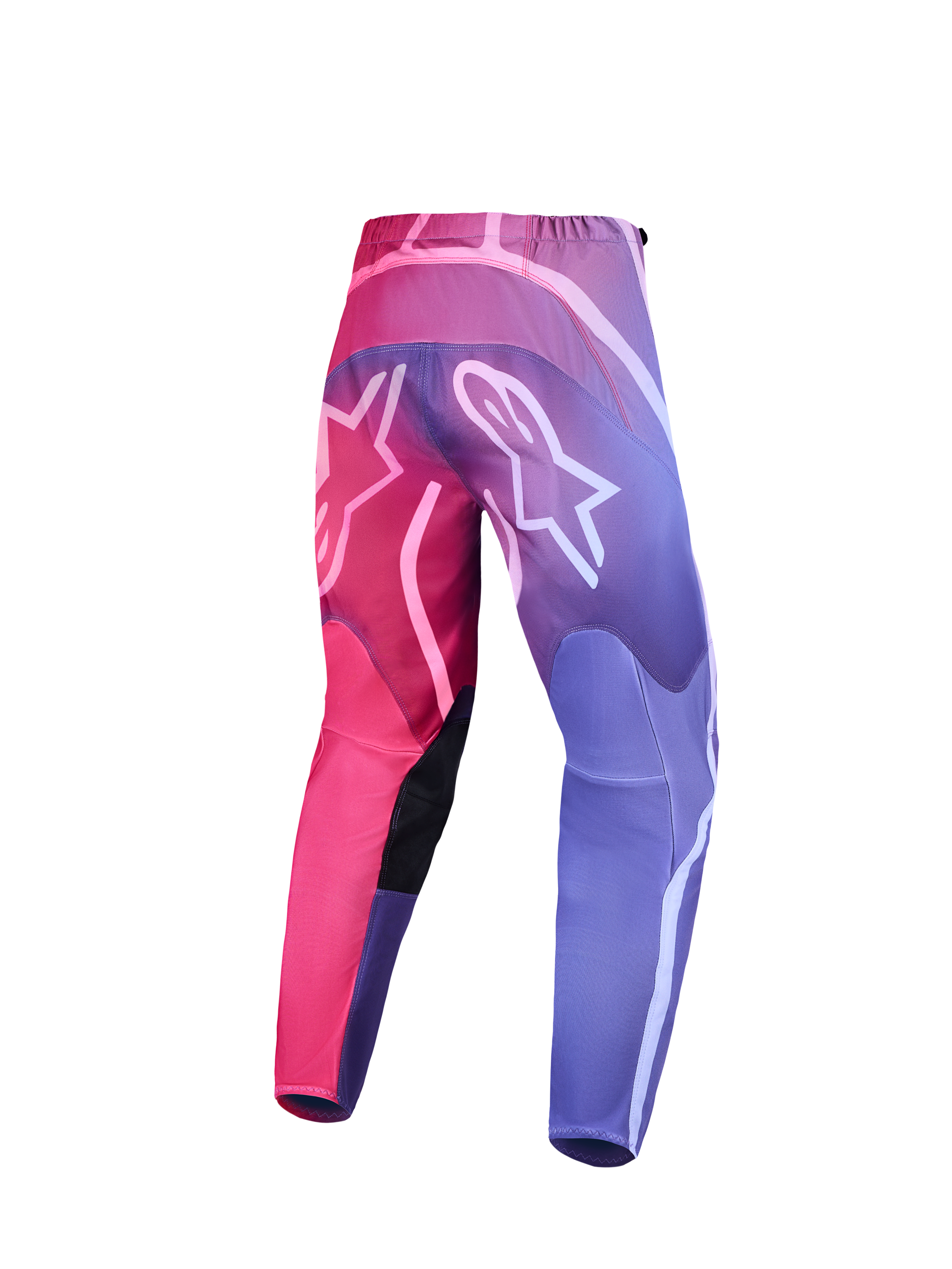 Spodnie Stella Fluid Kepler Alpinestars, damskie spodnie motocrossowe, fioletowe i czerwone, widok z tyłu z logo Alpinestars, wzmocniona konstrukcja tekstylna do jazdy MX.
