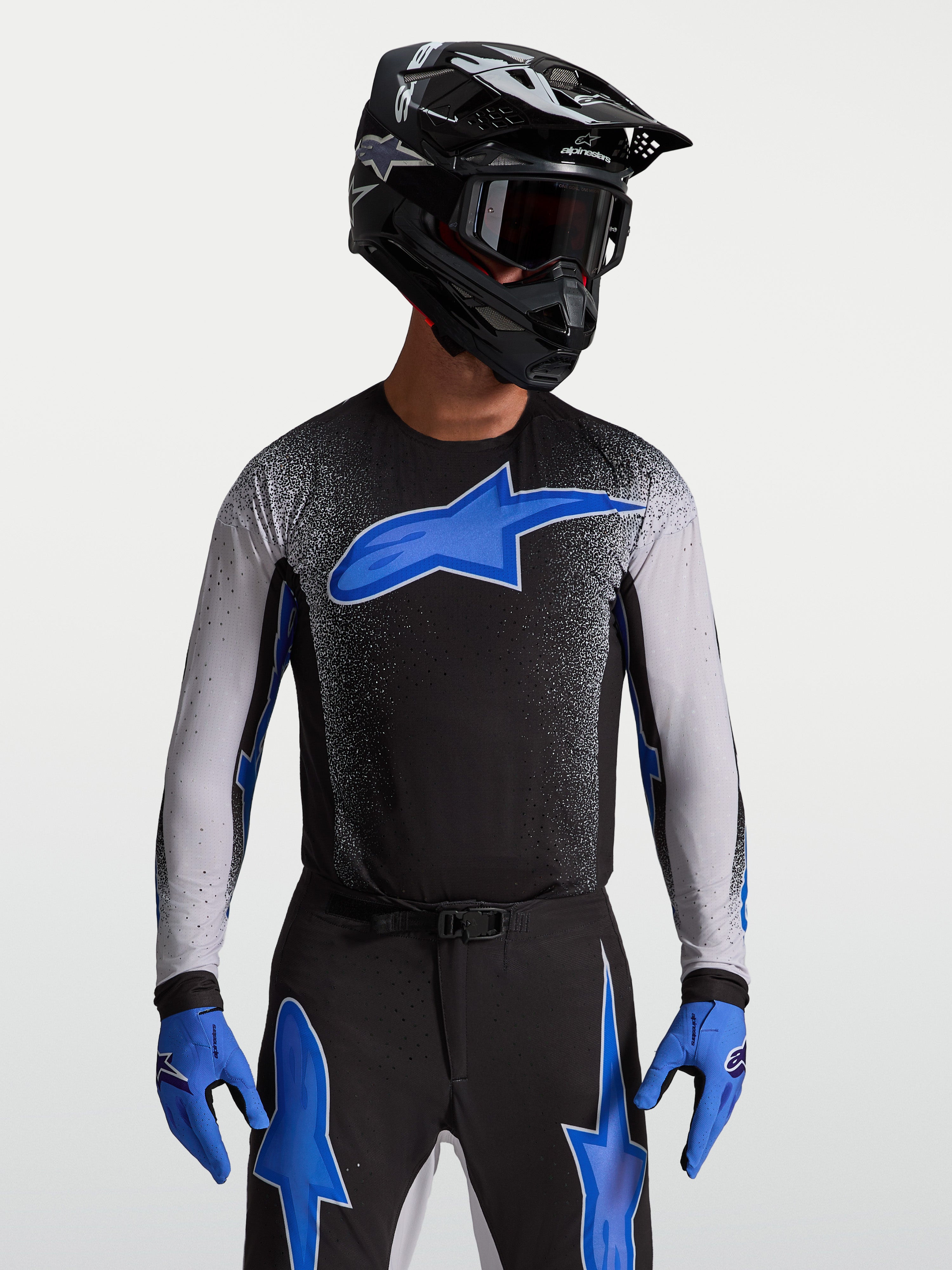 Alpinestars Koszulka Supertech Hiten AFD, męska koszulka motocrossowa, czarna i niebieska, krój pro fit i technologia AFD.