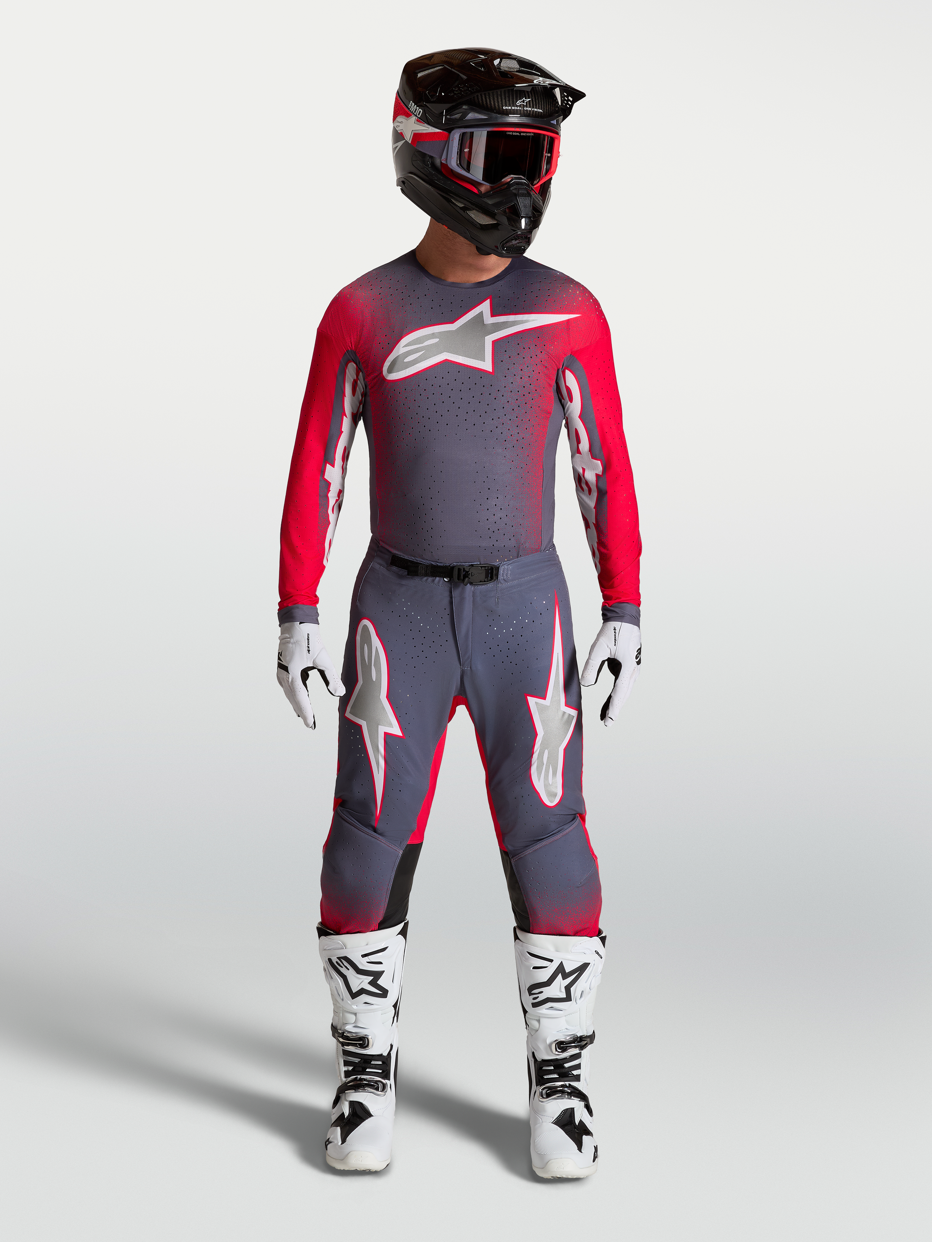 Alpinestars Supertech Hiten AFD Jersey in Graystone and Red Fluo, motocross racing gear with athletic fit and ventilated mesh.