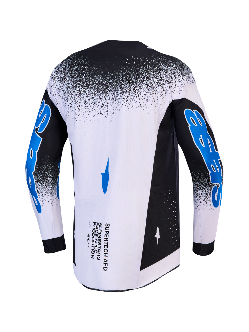 Alpinestars koszulka Supertech Hiten AFD, męska koszulka motocrossowa, biała i czarna z niebieską grafiką na rękawach, widok z tyłu, profesjonalny krój racingowy.