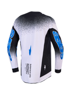 Alpinestars koszulka Supertech Hiten AFD, męska koszulka motocrossowa, biała i czarna z niebieską grafiką na rękawach, widok z tyłu, profesjonalny krój racingowy.
